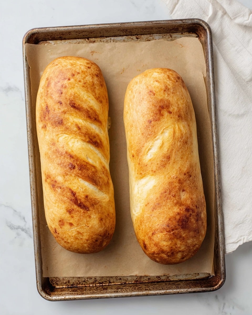 Two long golden brown bread loaves with a light crispy crust and some darker baked spots lie side by side on a piece of parchment paper. They are placed inside a metal baking tray with worn edges. The tray is set on a white marbled surface, with a white cloth visible in the top right corner. The loaves have a smooth texture with some gentle swirls in the dough. photo taken with an iphone --ar 4:5 --v 7