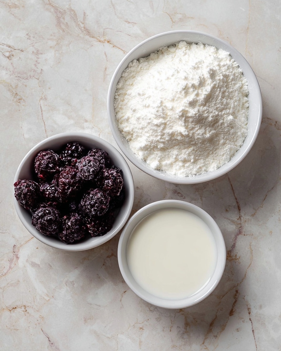 The image shows three small white bowls on a white marbled surface. The top right bowl is filled with a white powdery substance that looks soft and fluffy. The bottom left bowl contains dark purple blackberries with a slightly frosty texture. The bottom right bowl holds a small amount of white liquid, appearing smooth and creamy. The bowls are arranged close together in a triangular shape. Photo taken with an iphone --ar 4:5 --v 7
