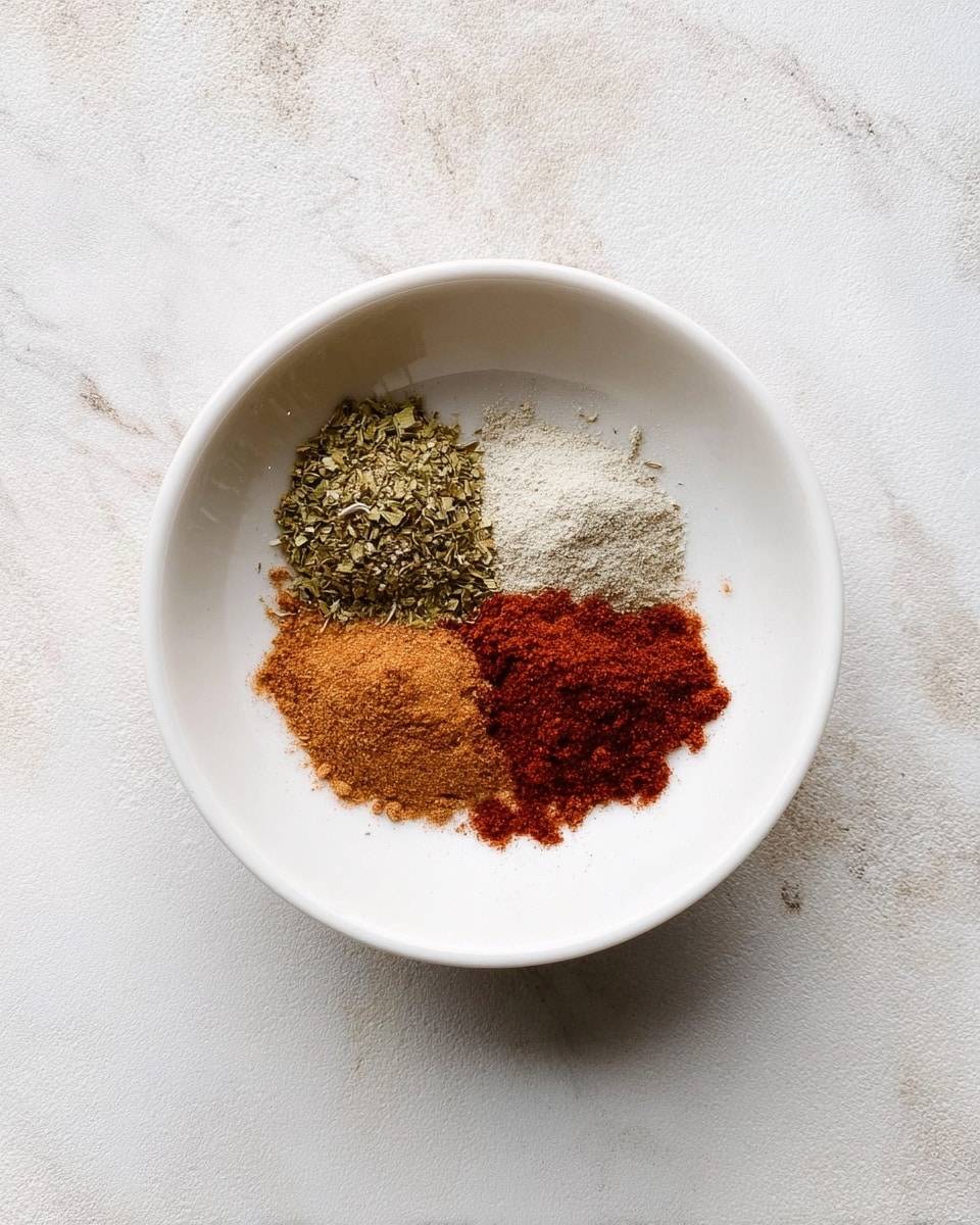A white bowl contains four small piles of spices arranged in a roughly circular pattern, each with a different color and texture: top left is a greenish dried herb mix, top right is a light gray powder, bottom right is a reddish-brown powder, and bottom left is a deep red powder. The bowl sits on a white marbled textured surface, with soft natural light coming from above. The photo is taken from directly above, showing all the spices clearly. photo taken with an iphone --ar 4:5 --v 7