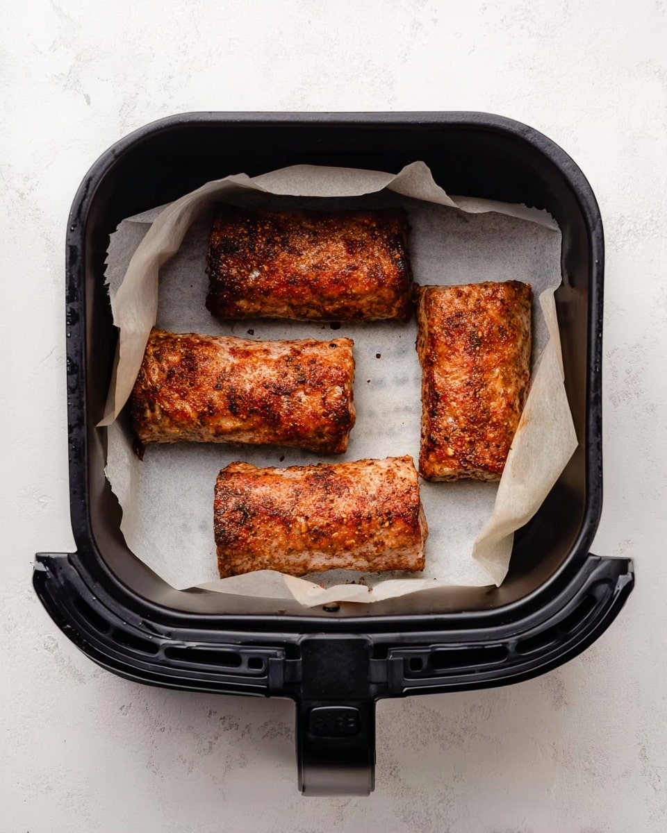 Four seasoned meat rolls with a golden-brown crust sit inside a black air fryer basket lined with white parchment paper. The texture of the meat shows a mix of spices and light charring, creating a slightly rough surface on each piece. The air fryer basket is open, with its handle facing forward, resting on a white marbled surface. photo taken with an iphone --ar 4:5 --v 7
