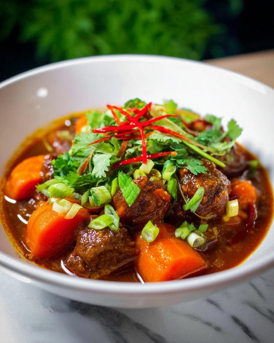 A white bowl holds a rich stew with layers of thick brown sauce, large orange carrot slices, and dark brown meat chunks. Bright green chopped green onions and fresh green cilantro leaves are scattered on top, along with thin strips of red chili, adding a pop of color. The dish is set on a white marbled surface with a blurred green background. photo taken with an iphone --ar 4:5 --v 7