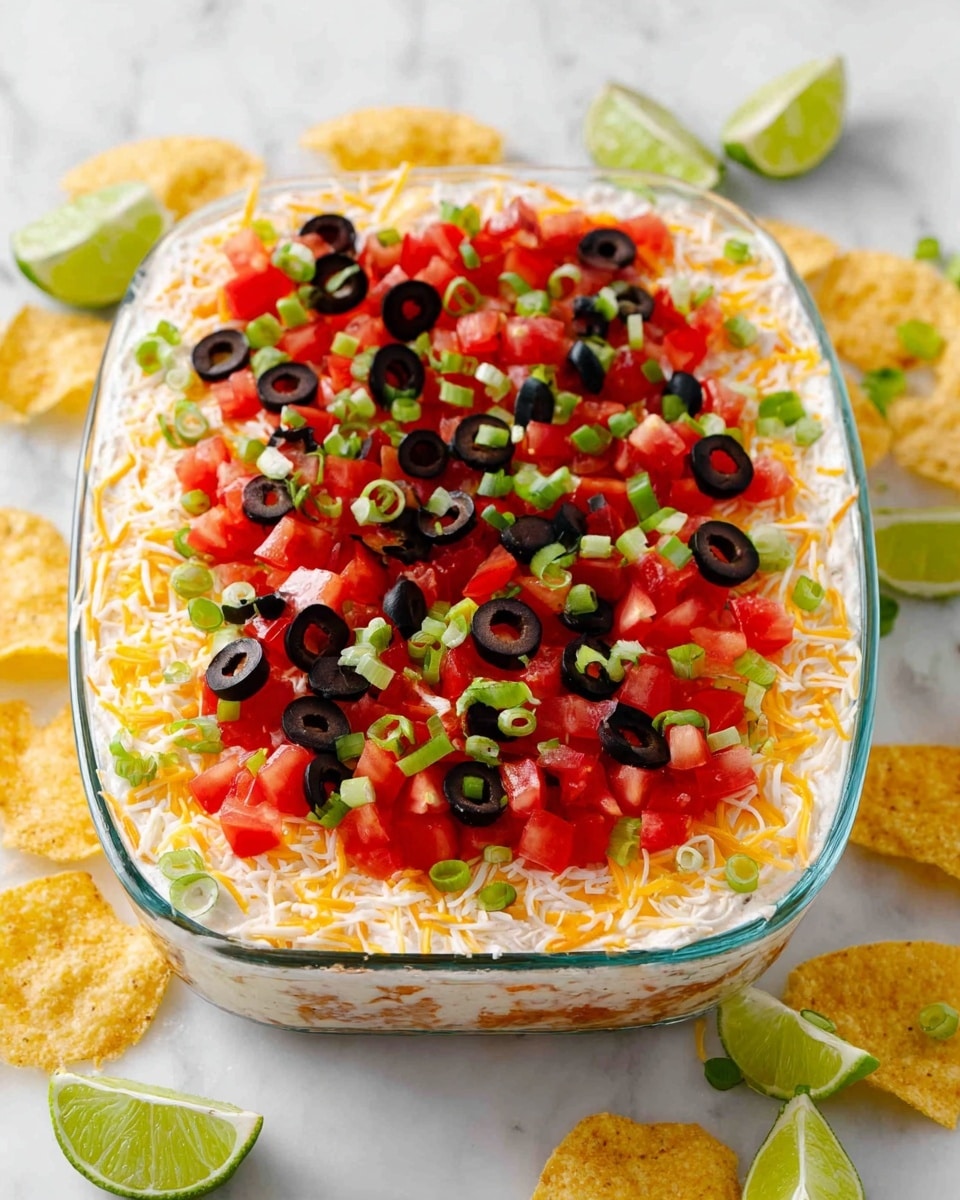 A clear glass dish filled with a layered dip, starting with a creamy white base at the bottom, topped with a generous layer of finely shredded yellow and white cheese. On top of the cheese, there are bright red diced tomatoes scattered evenly, mixed with sliced black olives that add a dark contrast. Small pieces of chopped green onions are sprinkled over everything, adding a fresh green touch. The dish is placed on a white marbled surface with several lime wedges and yellow tortilla chips around it, creating a colorful and inviting scene. photo taken with an iphone --ar 4:5 --v 7