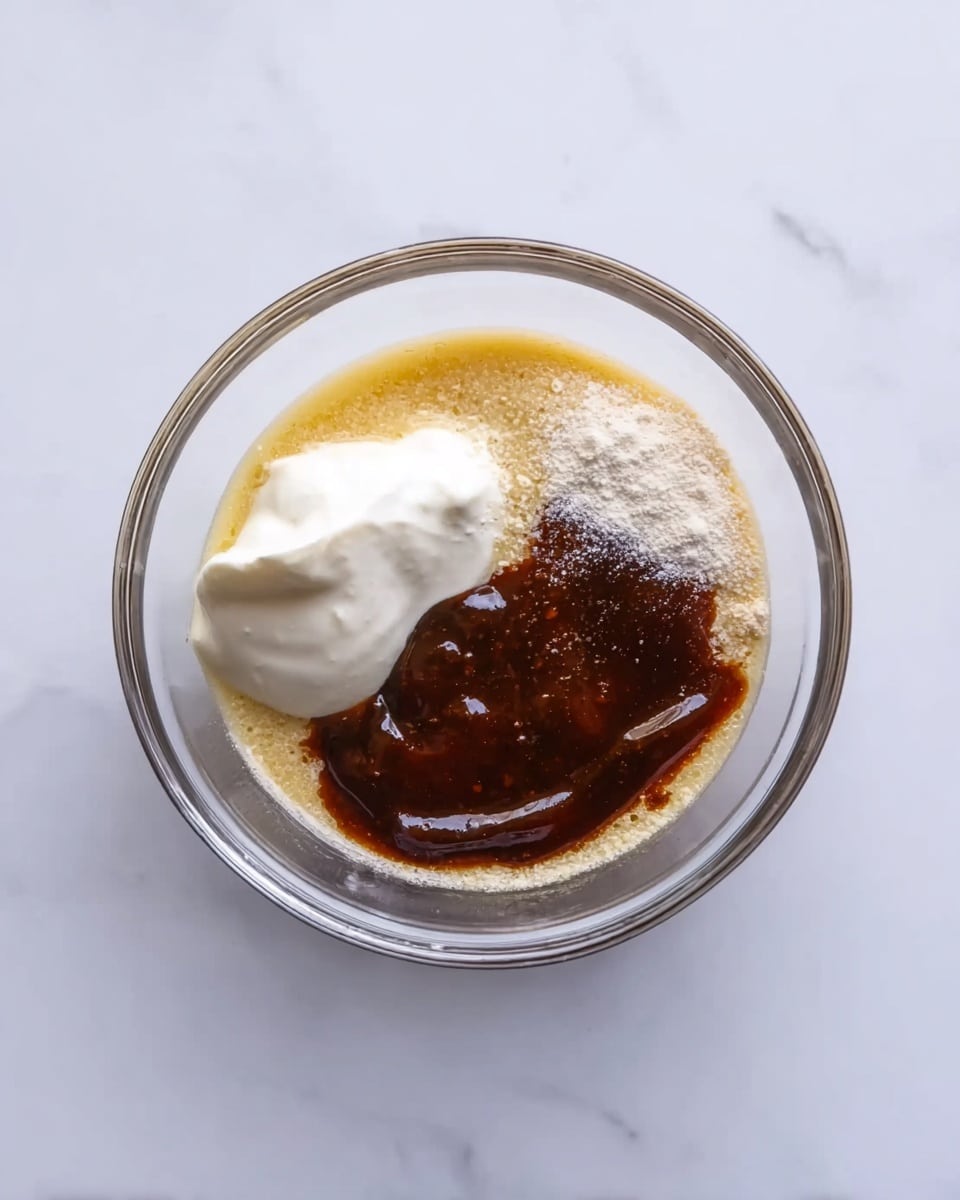 A clear glass bowl sits on a white marbled surface, holding three visible layers of ingredients. The bottom layer is a light yellow-brown liquid, surrounded by some grainy white powder sprinkled around it. On the right side, there is a thick, dark brown sauce with a glossy texture. On the left, a soft white dollop with a smooth, creamy look rests partially on the yellow-brown liquid. photo taken with an iphone --ar 4:5 --v 7
