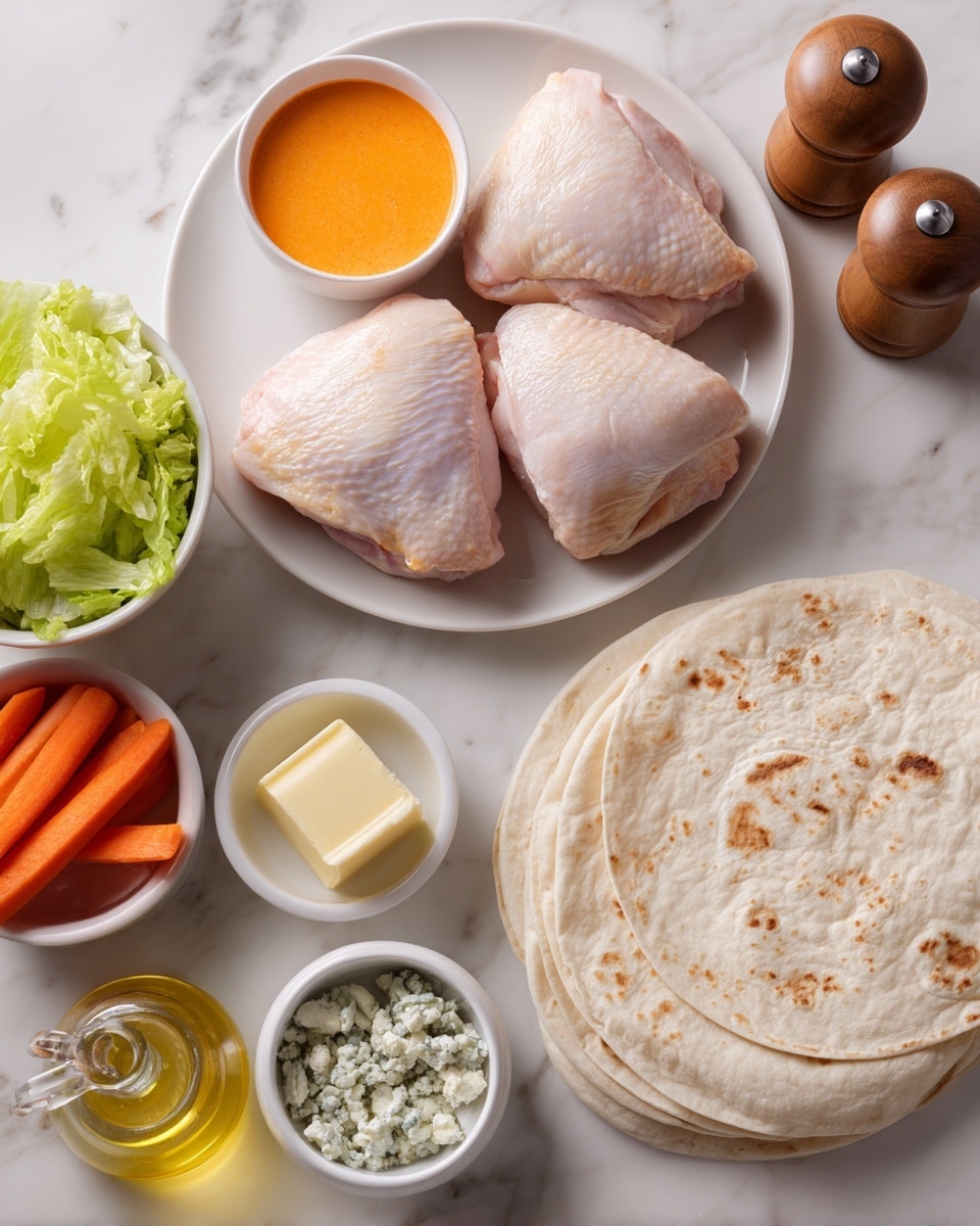 A white plate holds four raw chicken thighs, light pink with smooth skin, placed close together in the top left. To the right, a small white bowl is filled with bright orange buffalo sauce, smooth in texture. Below it are two wooden salt and pepper shakers with a natural wood grain. A small piece of pale yellow butter sits next to a white bowl filled with chopped green romaine lettuce. Another small white bowl contains light blue cheese crumbles. To the left are thin orange carrot sticks in a white bowl and a white bowl with creamy ranch dressing. A clear oil dispenser with golden oil is at the bottom left. At the bottom right, a stack of off-white tortillas or wraps with subtle brown spots is placed on a white marbled surface. Woman's woman's hand reaches from the top, touching the edge of a chicken thigh. Photo taken with an iphone --ar 4:5 --v 7