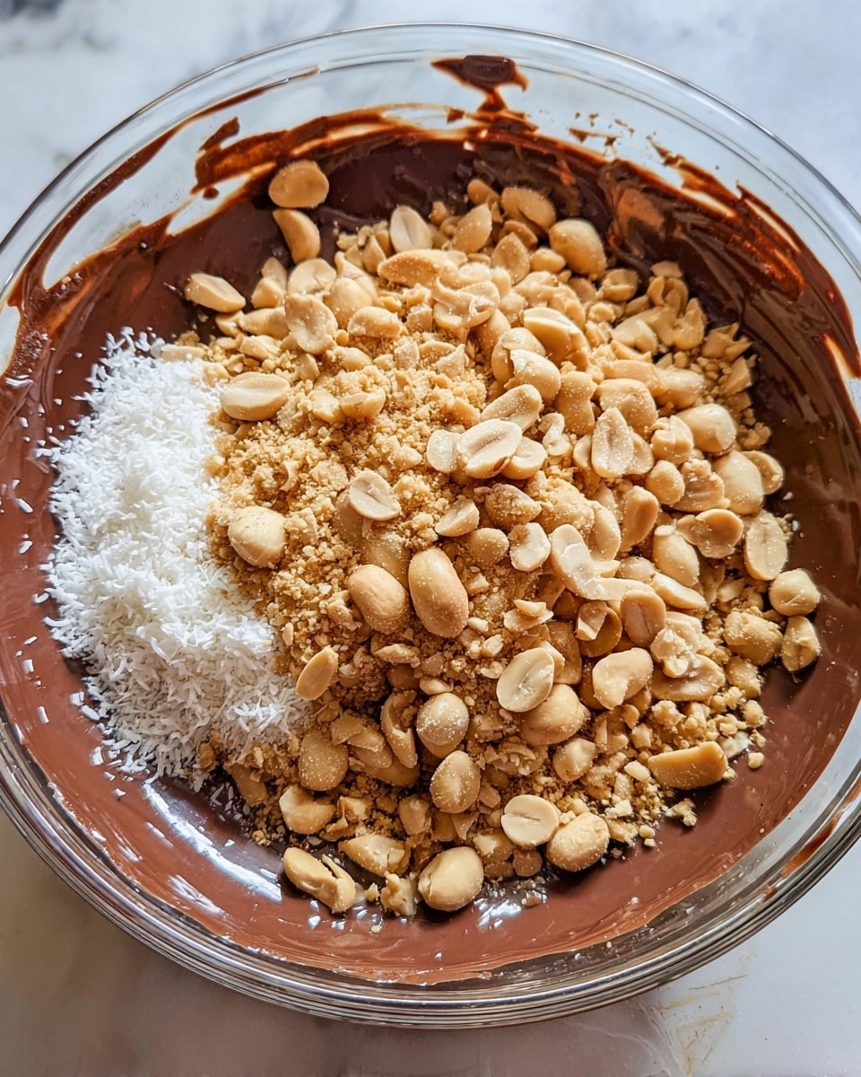 A clear glass mixing bowl filled with a smooth, glossy dark brown chocolate mixture as the bottom layer. On top, there is a thick heap of pale tan chopped peanuts with some whole and halved pieces visible, covering most of the chocolate surface. On the left side, a small pile of white shredded coconut adds light contrast. The bowl sits on a white marbled surface, and the sides of the bowl have drips of chocolate clinging to them. Photo taken with an iphone --ar 4:5 --v 7
