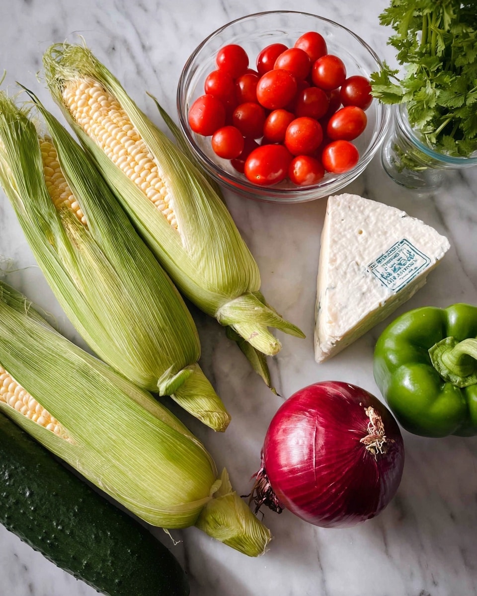 The image shows fresh vegetables and cheese arranged on a white marbled surface. There are four ears of corn mostly covered with green husks, one partially peeled to show yellow and white kernels. A long dark green cucumber lies in the bottom left corner. A large, round red onion with a shiny skin is near the center. A triangular block of white cheese with a blue label sits to the right of the onion. A clear glass bowl filled with small, bright red grape tomatoes is positioned on the upper right side. Behind the bowl, there is a small glass filled with cilantro stems and leaves. Finally, a green bell pepper is at the bottom right corner. photo taken with an iphone --ar 4:5 --v 7