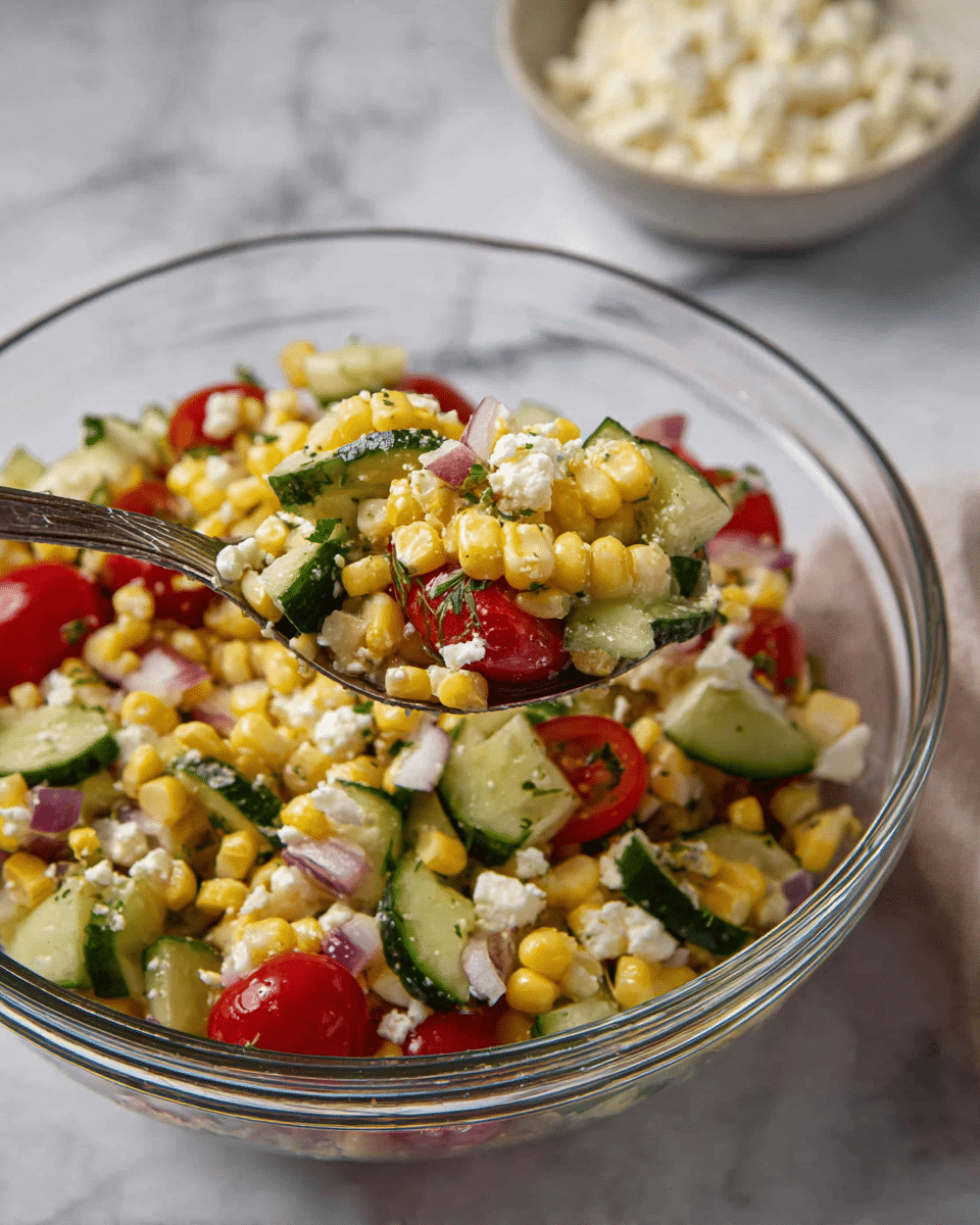 A clear glass bowl filled with a colorful salad showing three main layers: bright yellow corn kernels cut off the cob, red cherry tomato halves, and slices of green cucumber with dark green skins, mixed with small bits of white cheese and finely chopped red onion, with some chopped herbs sprinkled on top, sitting on a white marbled surface. A large metal spoon holds a scoop of the salad above the bowl, showing the mixed ingredients clearly. In the background, there is a white bowl filled with crumbled cheese on the same white marbled surface. Photo taken with an iphone --ar 4:5 --v 7