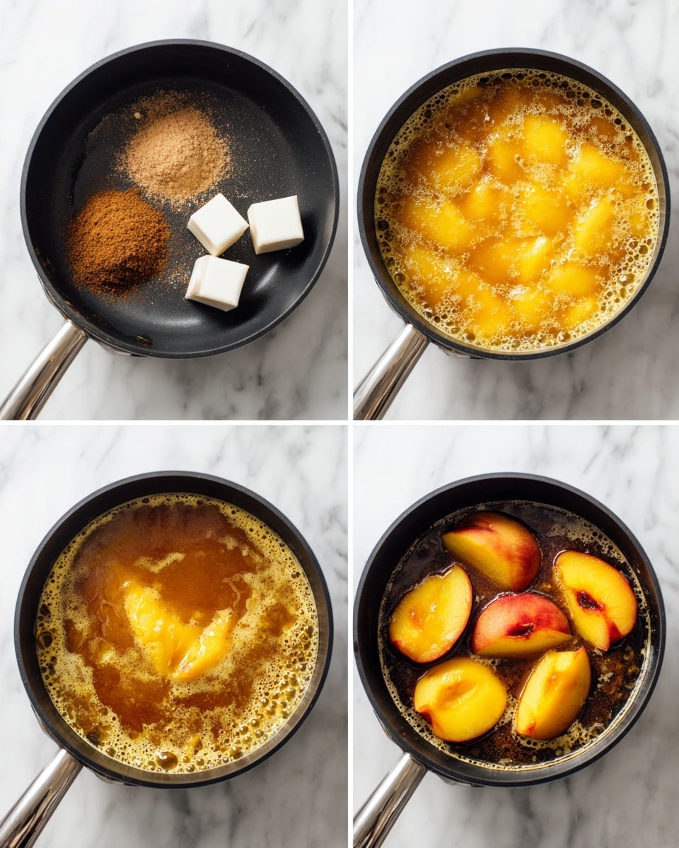 In a black pan, several slices of red and yellow peaches are cooking in a shiny, amber-colored syrup. A silver spoon, held by a woman's hand, is dripping the syrup over the peach slices, making them look glossy and juicy. The pan is on a white marbled surface, giving a clean, bright background to the warm colors of the peaches and syrup. Photo taken with an iphone --ar 4:5 --v 7