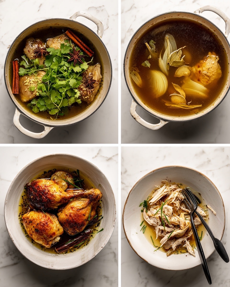 The first image shows a pot with raw chicken pieces at the bottom, topped with green fresh cilantro, toasted coriander seeds, star anise, a cinnamon stick, and grilled onion pieces that have a light brown char. The second image shows the same pot now filled with light brown broth, partially covering the chicken and spices, with fresh green cilantro on top floating on the surface. The third image shows the pot again with the chicken cooked to a golden brown, partially submerged in the clear brown broth, along with softened grilled onion slices and the same spices, some fresh green herbs floating around. The fourth image shows a white plate holding cooked chicken thighs with yellow-brown skin, and shredded pale chicken meat being pulled apart with two black forks, with some chicken pieces still intact. The scene is set on a white marbled texture. Photo taken with an iphone --ar 4:5 --v 7