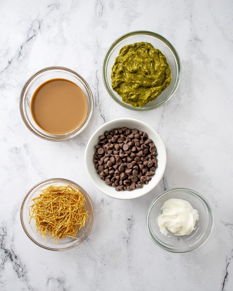 Five small clear glass bowls and one white bowl are placed on a white marbled texture. The top left glass bowl contains a smooth light brown sauce. The top right glass bowl holds a thick green paste. The center white bowl is filled with many small brown chocolate chips. The bottom left glass bowl has golden toasted thin strands. The bottom right glass bowl contains a small amount of white solid fat. All bowls are viewed from above with soft lighting, photo taken with an iphone --ar 4:5 --v 7