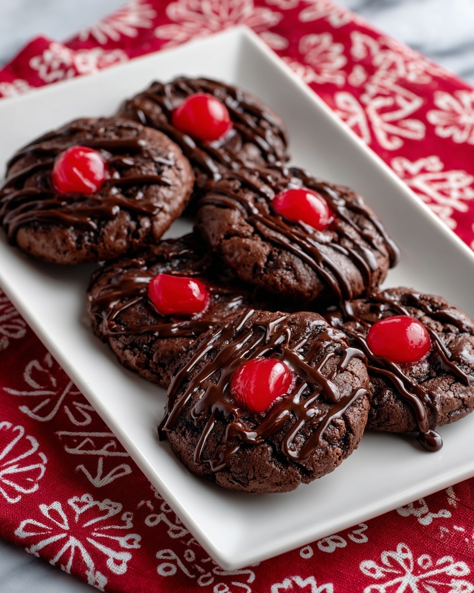 The image shows six round chocolate cookies arranged closely on a white rectangular plate. Each cookie has a smooth, cracked dark brown surface with a bright red cherry placed in the center. Thin dark brown chocolate drizzle is artfully zigzagged over each cookie, partially covering the cherries. The plate is set on a red cloth with white floral and geometric patterns, and the background is a white marbled texture. photo taken with an iphone --ar 4:5 --v 7
