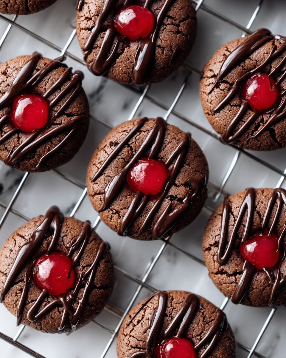 The image shows a group of round chocolate cookies arranged on a silver cooling rack. Each cookie is deep brown with visible cracks on the surface, giving them a slightly rough texture. In the center of every cookie, there is a shiny red cherry sitting on top. Over each cherry and cookie, there are swirls of glossy dark chocolate drizzled in a zigzag pattern, adding a rich and smooth contrast to the matte cookie. The background beneath the rack is a white marbled surface. photo taken with an iphone --ar 4:5 --v 7