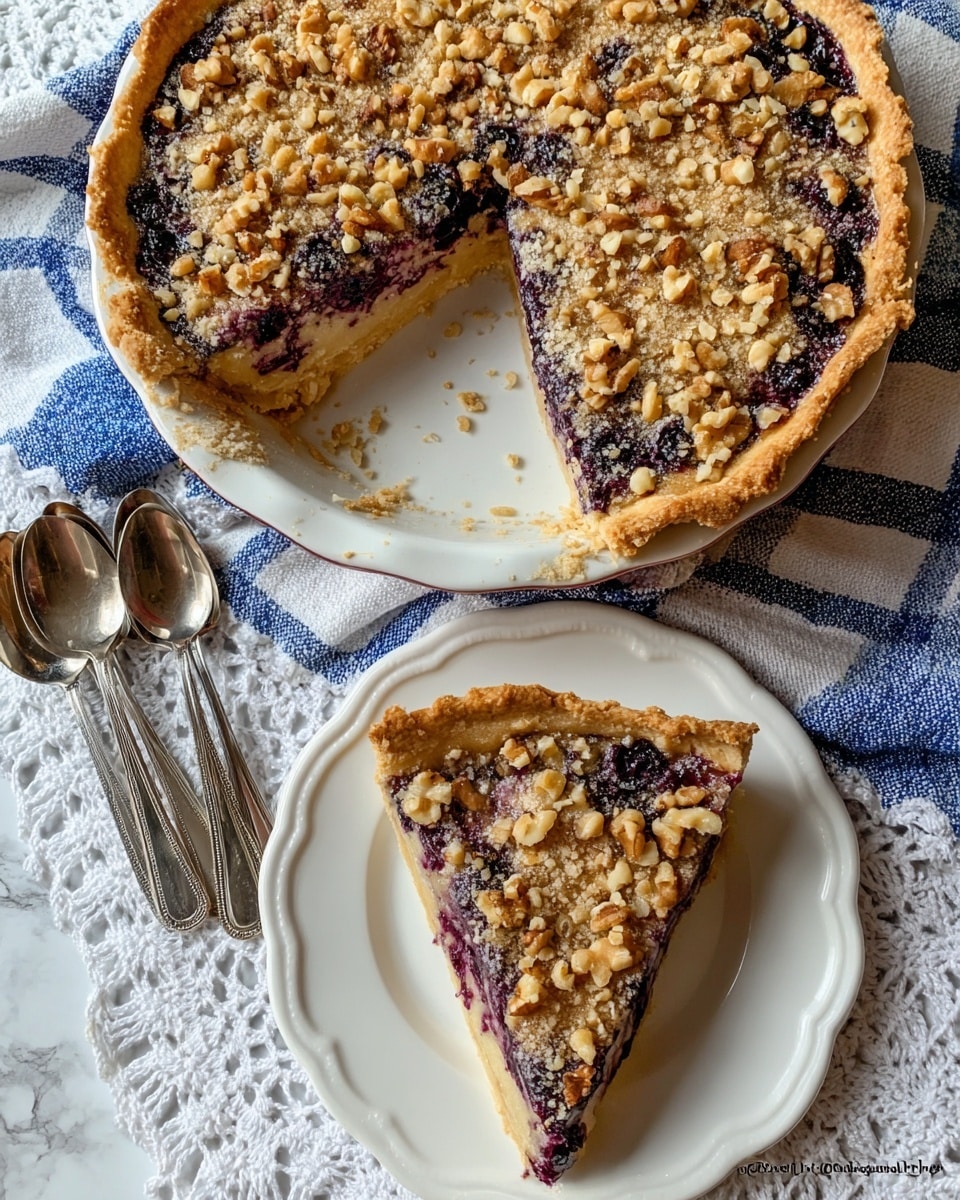 The image shows a round pie with a golden, flaky crust and a top layer covered in chopped walnuts, giving it a crunchy texture. Inside, the pie filling is purple, suggesting a berry filling, with a creamy layer beneath the nuts. A single slice is cut and placed on a white plate with a scalloped edge, showing the thick filling and crust sides. The pie dish and plate are on a white crocheted cloth with a blue checkered cloth beneath. Four spoons lay next to the pie dish on the white marbled surface. Photo taken with an iphone --ar 4:5 --v 7