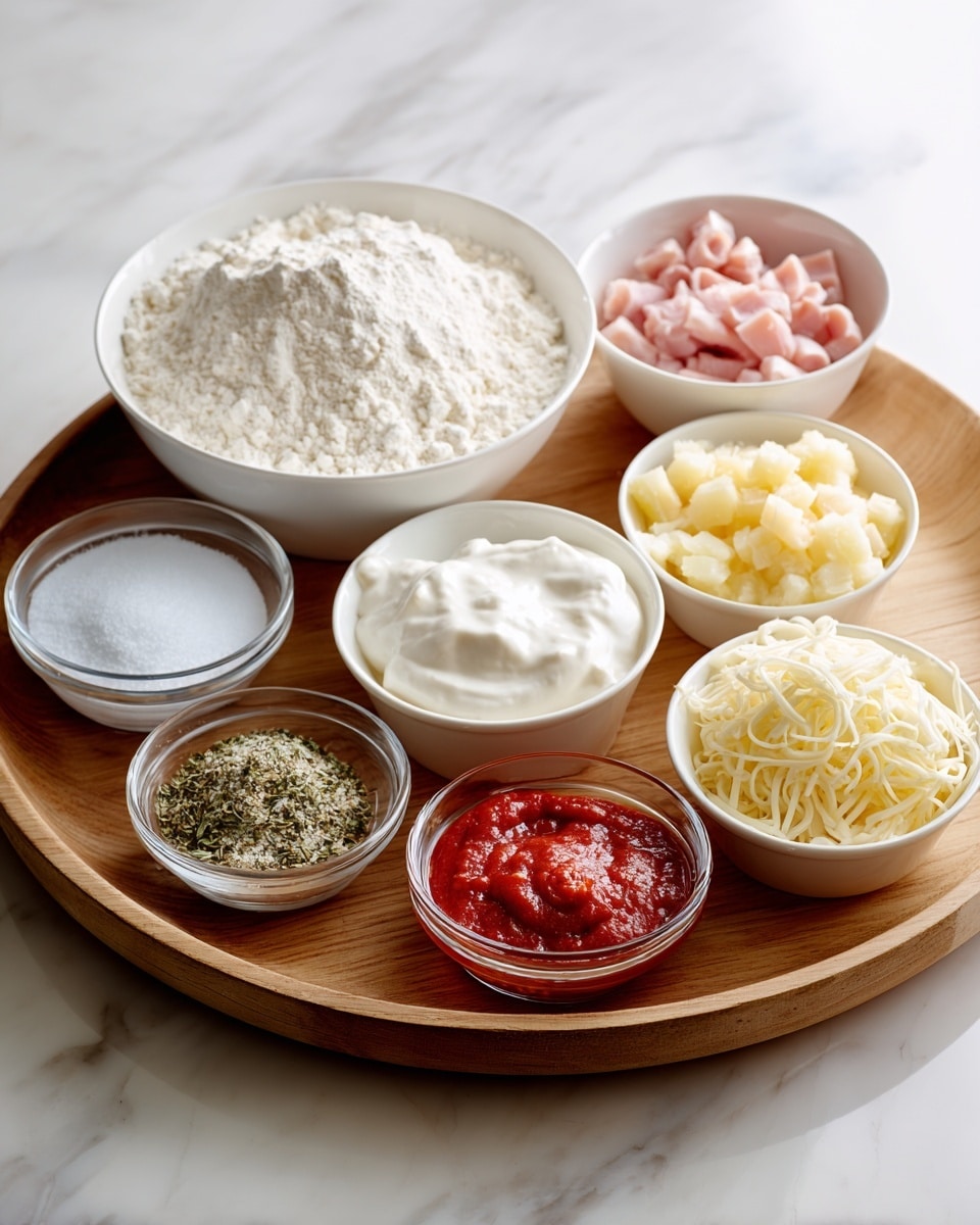 A wooden round tray holds eight small white bowls and one transparent glass bowl arranged neatly. The largest white bowl on the left side contains a heap of white all-purpose flour with a powdery texture. Next to it, a smaller white bowl holds a fine white salt. Close by, a tiny white bowl is filled with light blue baking powder. In front, another small bowl holds mixed green Italian herbs with a fine texture. A clear glass bowl on the right side contains a vivid red pizza sauce with a slightly chunky texture. Nearby, a white bowl is filled with shredded mozzarella cheese in off-white strands. Another white bowl contains light yellow crushed pineapple bits with a juicy look. In the center, a white bowl is filled with small pink pieces of ham. At the top, a small white bowl holds thick, creamy white Greek yogurt. The setting is placed on a white marbled surface photo taken with an iphone --ar 4:5 --v 7