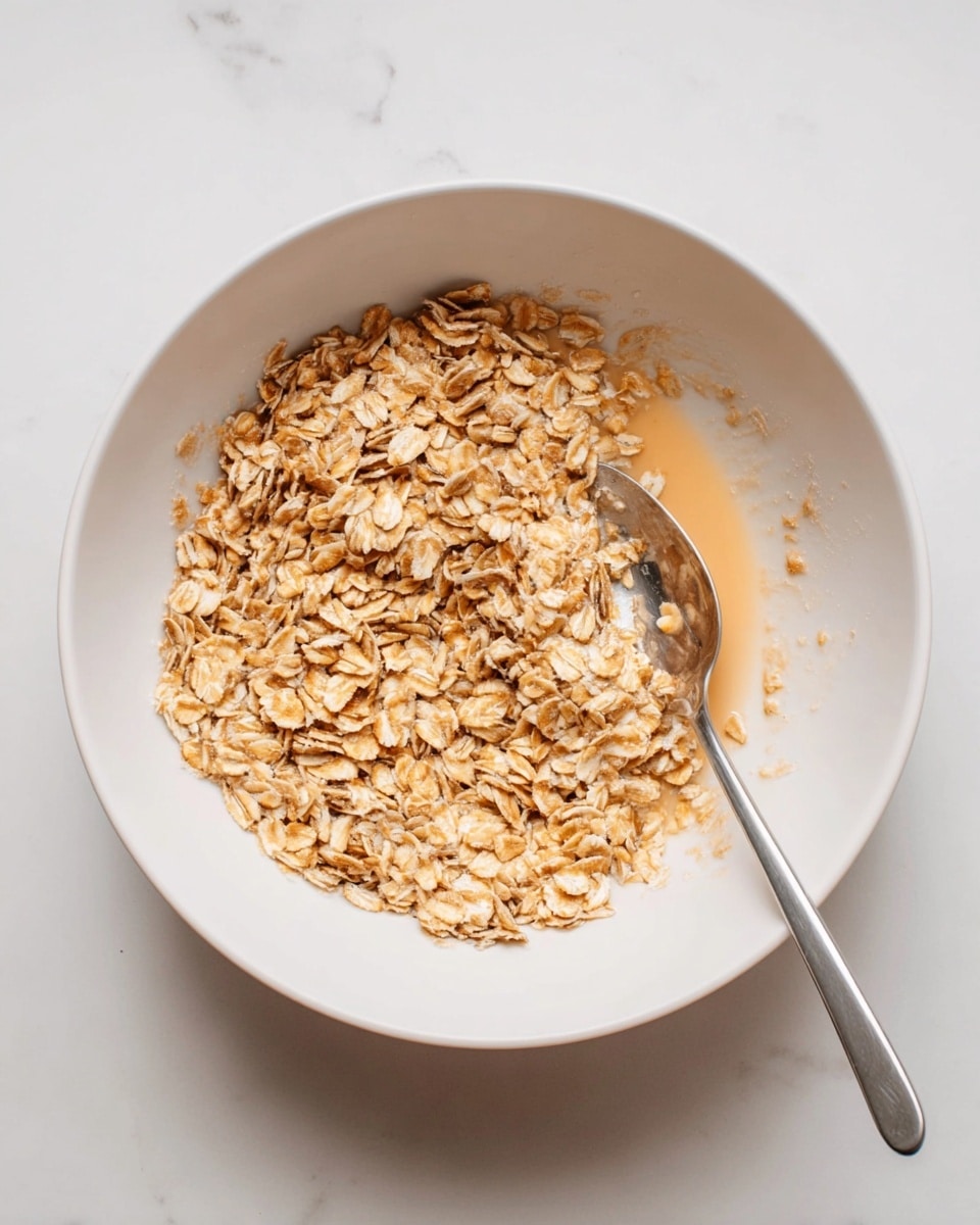 A white bowl holds one main layer of soaked oats, which have a light brown color from mixing with a liquid that pools around the oats. A metal spoon sits inside the bowl on the right side, resting against the oats. The bowl is placed on a white marbled surface with a clean and simple background. Photo taken with an iphone --ar 4:5 --v 7