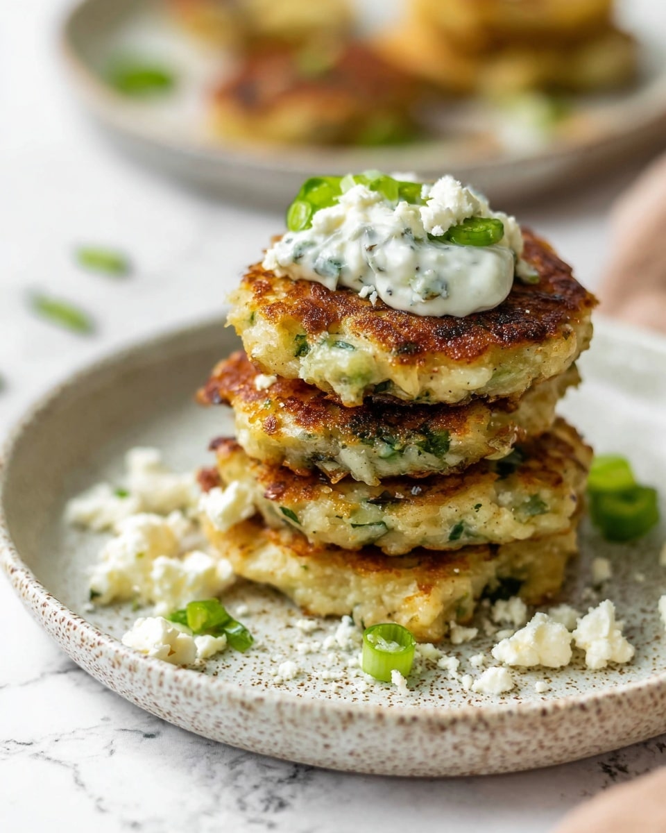 A stack of four small, golden-brown patties with a slightly crispy outer texture sits in the center of a speckled white plate. Each patty shows flecks of green herbs mixed in, giving them a fresh look. On top of the stack is a dollop of creamy white sauce with visible herbs and a few pieces of bright green chopped scallions. Around the plate are scattered bits of white crumbly cheese and additional chopped scallions. The plate rests on a surface with a white marbled texture, and in the background, another plate with more patties can be seen out of focus. Photo taken with an iphone --ar 4:5 --v 7