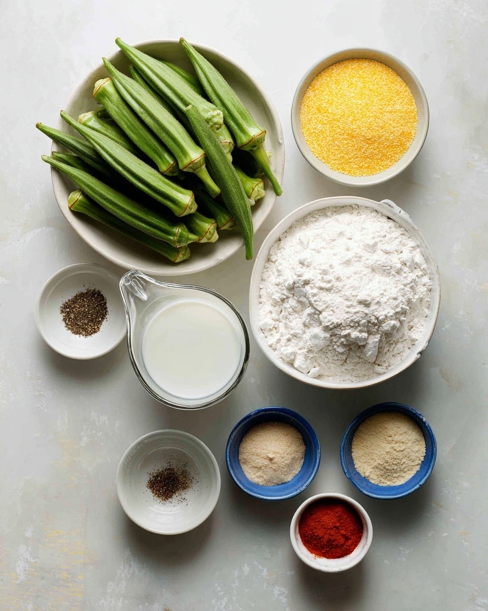 The image shows eight bowls and a measuring cup arranged on a white marbled texture. The largest bowl, on the top left, is filled with bright green okra pods stacked unevenly. To its right is a medium white bowl filled with vibrant yellow cornmeal, smooth on top. Below the okra is a clear glass measuring cup with white buttermilk visible inside. Next to it on the right is a large white bowl filled with white flour, soft and crumbly in texture. On the top right are two small blue bowls, one with light brown onion powder and the other with pale yellow garlic salt. Toward the bottom left corner is a small white bowl with ground black pepper, and to the right of it, at the bottom right corner, another small white bowl holds orange-red paprika. All the bowls and the cup are neatly placed with visible textures of each ingredient photo taken with an iphone --ar 4:5 --v 7