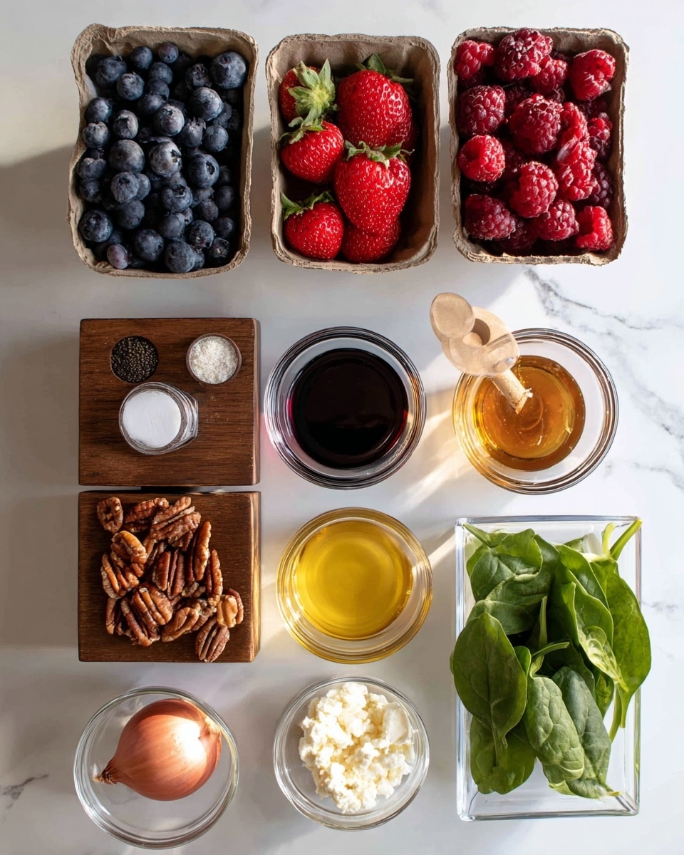 The image shows a flat lay of various fresh ingredients neatly arranged on a white marbled surface. Starting from the top left, there is a brown paper container filled with dark blue blueberries, below it another brown paper container holds bright red strawberries with green leaves, and under that is a third brown paper container with deep red raspberries. To the right of these berries are three small glass bowls in a vertical line: the top bowl contains a dark red liquid labeled red wine vinegar, the middle one is filled with a golden yellow liquid labeled olive oil, and the bottom bowl holds a very dark liquid labeled balsamic vinegar. To the right of these bowls is a small glass bowl with amber honey and below it a small whole shallot with a smooth pinkish skin. Near the honey and shallot, there is a light brown wooden double spice box with black pepper in one compartment and white salt in the other, both with small lids opened. On the bottom left, a small clear glass bowl holds medium brown pecans. Next to the pecans is a small clear glass bowl filled with white goat cheese crumbles. On the bottom right side, a clear plastic container holds fresh dark green baby spinach leaves. The overall setting is clean and organized with bright natural light, photo taken with an iphone --ar 4:5 --v 7