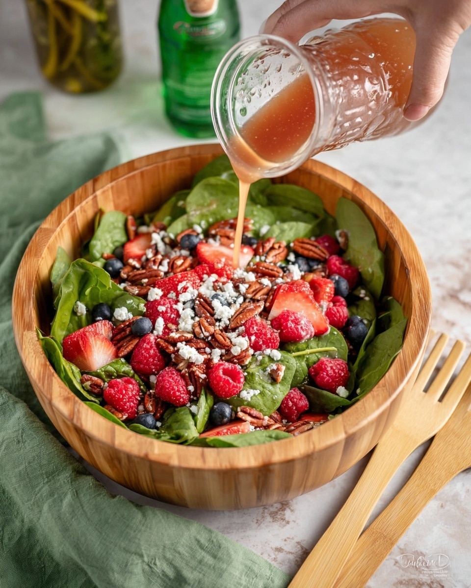 A wooden bowl filled with a colorful salad is shown from above. The base layer is fresh, bright green spinach leaves. On top of this are scattered red strawberries, red raspberries, and small dark blueberries, along with small pieces of pecans. White crumbles, likely cheese, are sprinkled across the salad. A woman's hand holds a clear glass container pouring a light reddish-brown dressing in a smooth stream over the salad. The bowl is on a white marbled surface with a green cloth and two light wooden utensils nearby, and a green bottle and a can with pickles are visible in the background. Photo taken with an iphone --ar 4:5 --v 7