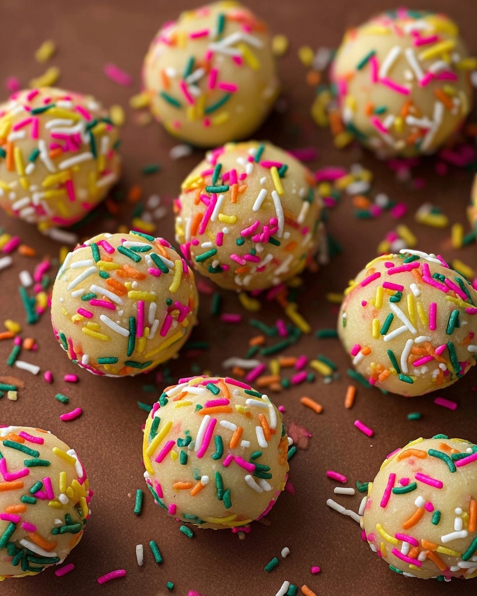 The image shows several small round dough balls covered with colorful sprinkles scattered on a brown surface. Each dough ball is pale yellow with a smooth texture and is generously coated with long, thin sprinkles in bright colors like pink, green, yellow, white, orange, and red. The sprinkles also spread around the dough balls on the surface, adding vibrant spots of color. Photo taken with an iphone --ar 4:5 --v 7