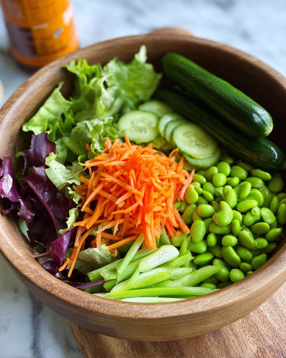 Inside a wooden bowl, there are fresh green and purple lettuce leaves on one side, two long dark green cucumbers placed on top, a pile of bright orange shredded carrots in the center, a small mound of light green edamame beans near one edge, and long, light green strips of green onion laid across the front. The bowl is placed on a white marbled surface with a blurry orange bottle in the background. photo taken with an iphone --ar 4:5 --v 7