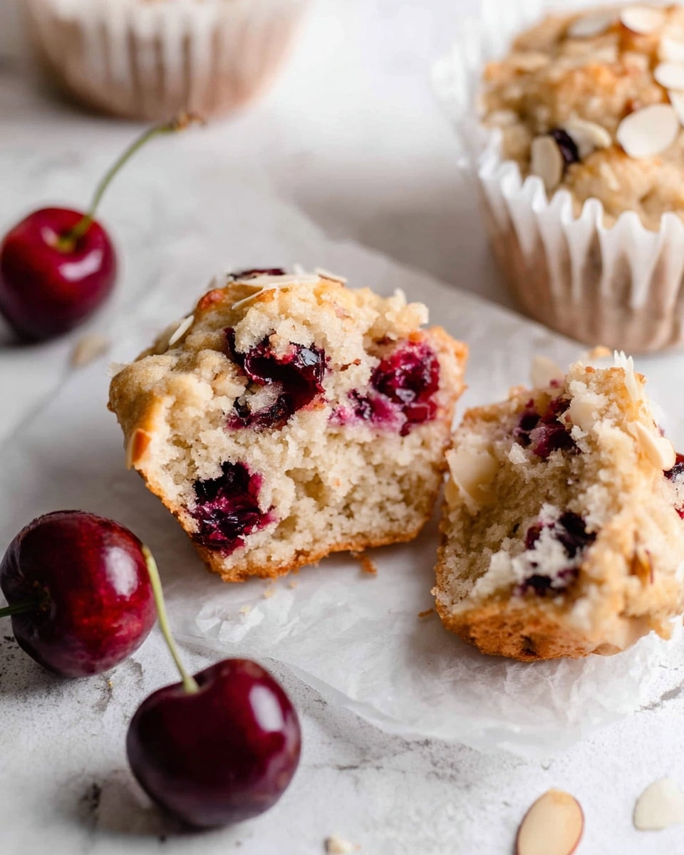 The image shows a close-up of a light beige muffin with dark red cherry pieces inside, torn into two parts on white parchment paper. The muffin has a soft, crumbly texture with almond slivers sprinkled on top, adding a slightly rough, crunchy layer. Near the muffin are whole cherries with green stems, placed on a white marbled surface. In the background, there are two more muffins in white paper wrappers, partially visible and slightly out of focus. The photo taken with an iphone --ar 4:5 --v 7