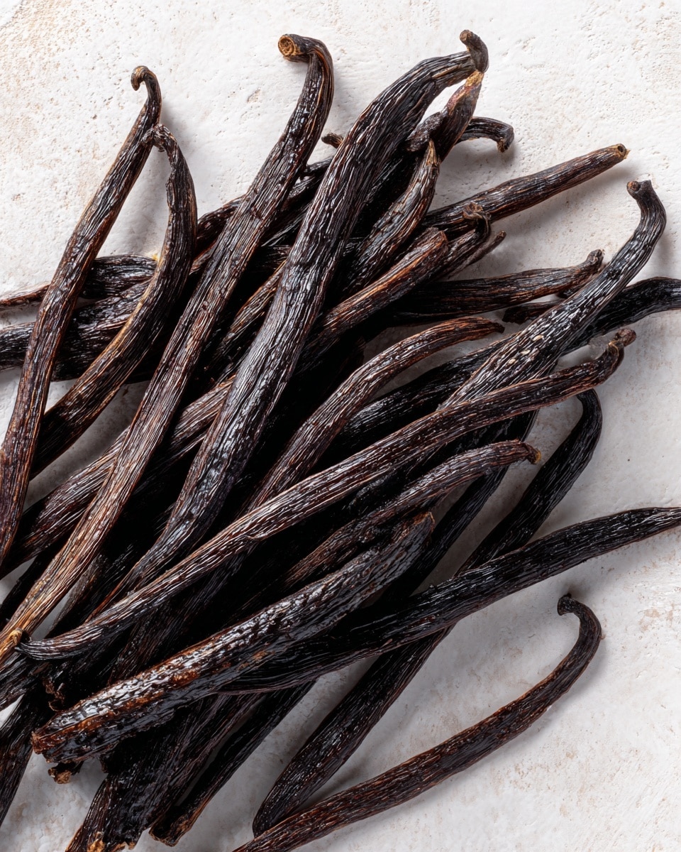 A pile of dark brown, wrinkled vanilla beans is spread loosely on a white marbled surface. The beans are long, thin, and slightly twisted, showing a dry and textured skin with some glossy areas reflecting light. They vary slightly in length and curvature, creating a natural, rustic look. The background is simple, focusing attention on the beans with their rich dark color contrasting against the light marbled surface. photo taken with an iphone --ar 4:5 --v 7