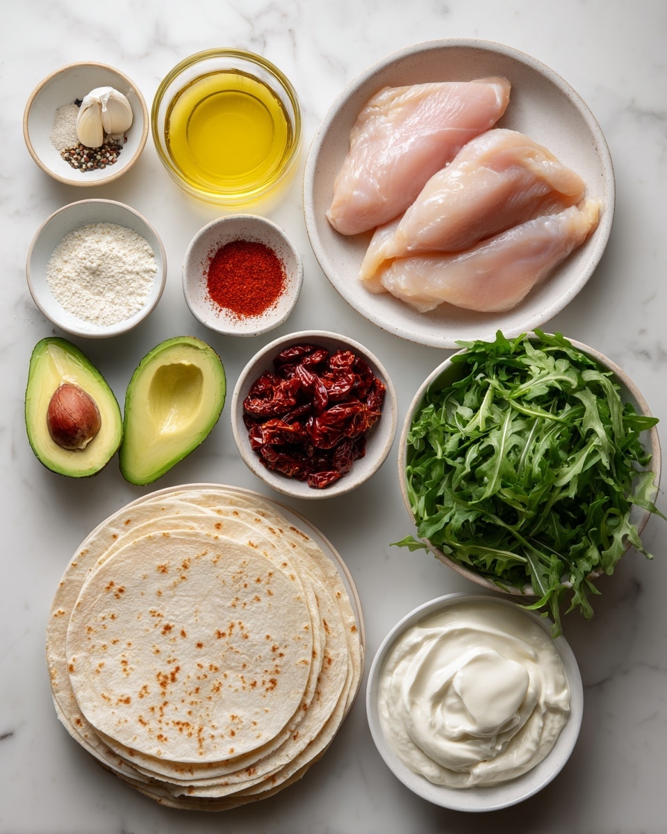 The image shows a top view of raw food ingredients arranged neatly on a white marbled surface. In the center right, two raw chicken pieces with a pale pink color lie in a white bowl with a faint marble pattern. Below them are a few light beige tortilla wraps stacked on top of each other. To the left of the wraps are small white and orange bowls holding white garlic powder and onion powder, next to a small white bowl with salt and pepper mixed, a garlic clove, and two halves of a light green avocado with the seed showing in one half. Above the chicken bowl are two small glass bowls, one with light yellow olive oil and the other with bright red smoked paprika. On the right side are fresh green arugula leaves in a white bowl, a small bowl of off-white light mayo, a bowl of thick white Greek yogurt, and a bowl of dark red sun-dried tomatoes. The ingredients are all well spread out, clean, and visually inviting under bright light. photo taken with an iphone --ar 4:5 --v 7
