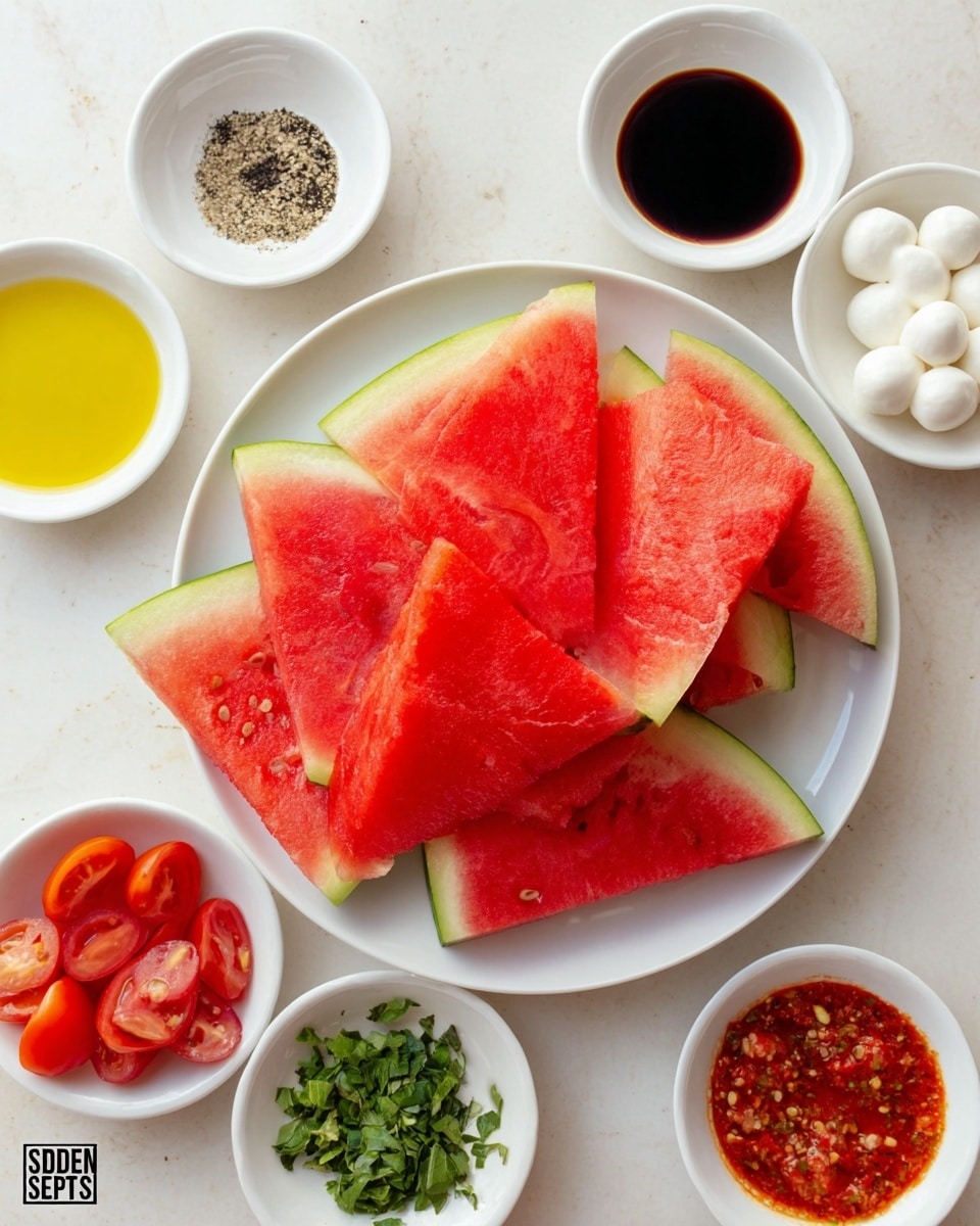 A white plate in the center holds several thick triangular slices of watermelon with bright red flesh and green rind, arranged in a pile with visible seeds. Surrounding the plate are seven small white bowls placed on a white marbled surface. The bowls contain different ingredients: one has yellow olive oil, another dark balsamic vinegar, one with salt and black pepper, a bowl with small white mozzarella balls, a bowl with sliced red grape tomatoes, another with chopped green herbs, and the last bowl with a reddish chili sauce. The composition is clean and colorful with fresh, natural textures. photo taken with an iphone --ar 4:5 --v 7