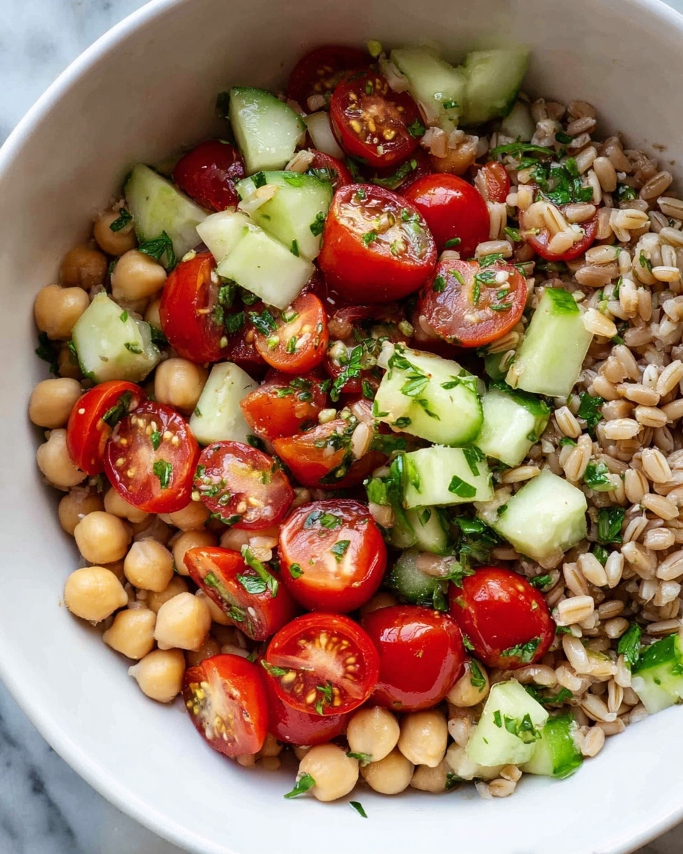 A close-up view of a white bowl filled with a mixed salad showing three main layers: at the bottom, small round chickpeas with a pale yellow color; the middle layer covered with grains of light brown wheat berries; the top layer holds shiny red cherry tomatoes, some sliced in halves showing the seeds inside, and bright green cucumber pieces cut into small cubes, all sprinkled with chopped fresh dark green herbs. The bowl rests on a white marbled surface. photo taken with an iphone --ar 4:5 --v 7