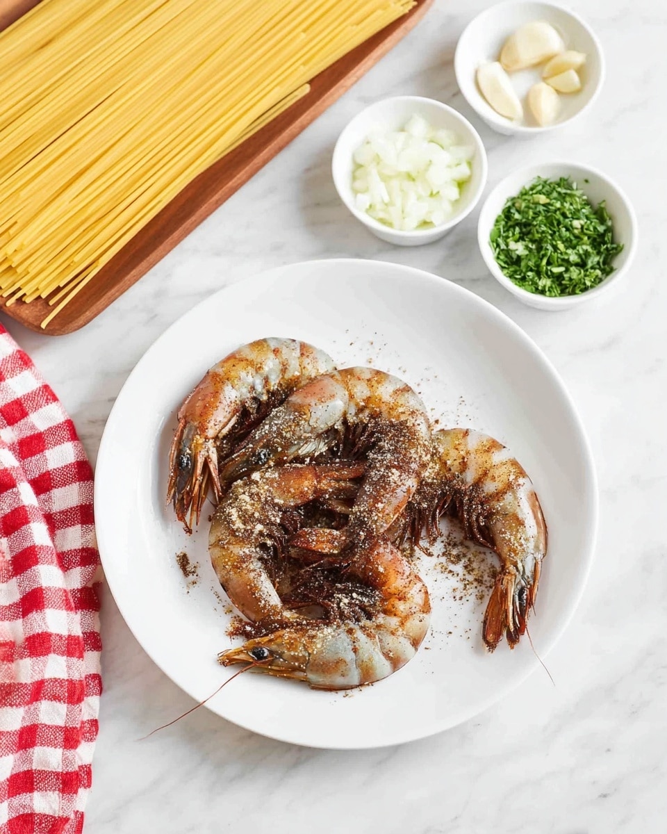 A white plate holds six raw shrimp arranged in a curved shape, each shrimp coated with a dark spice powder and fine granules, creating a speckled texture on their semi-transparent shells and tails that fan out slightly. To the left of the plate, long uncooked spaghetti strands lie bundled flat on a white marbled surface. Above the plate, a wooden tray holds two small white bowls filled with finely chopped green herbs and a small pile of minced white garlic, with some chopped white onions placed directly on the tray near the bowls. A red and white checkered cloth is gathered in the upper left corner. The lighting is bright and soft, with minimal shadows, emphasizing the freshness of the ingredients. photo taken with an iphone --ar 4:5 --v 7