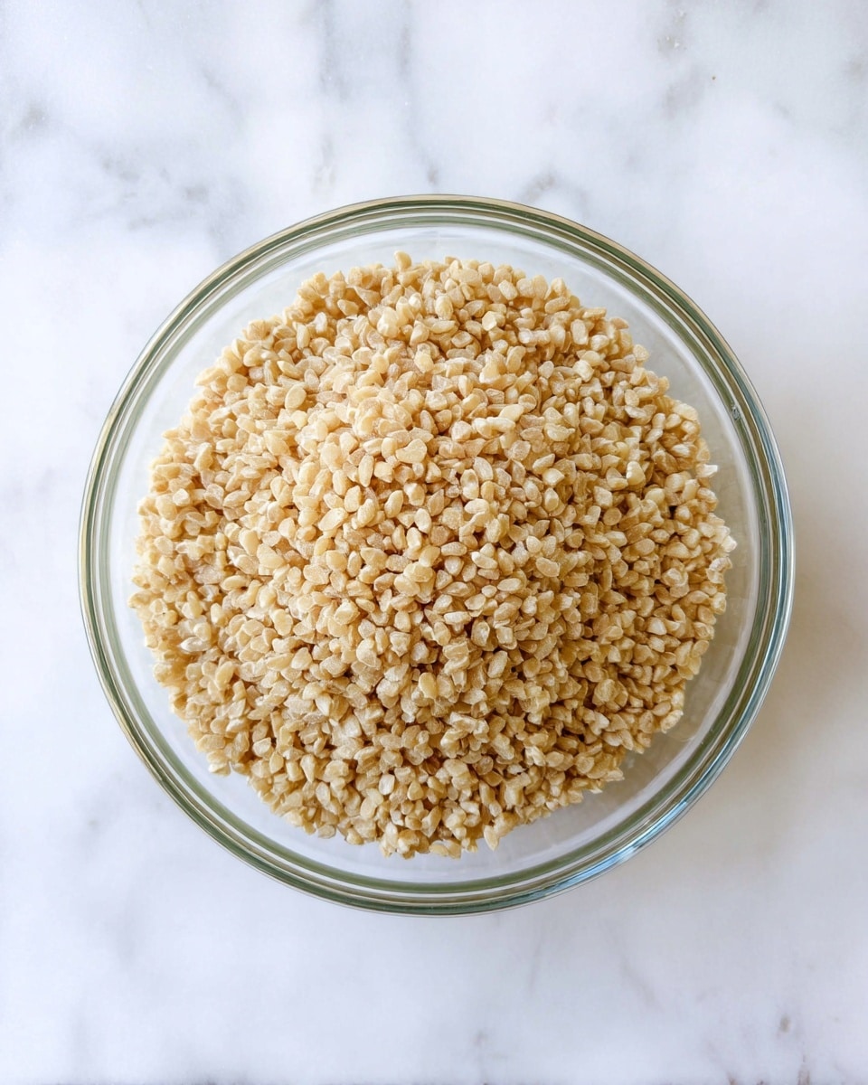 A clear glass bowl filled with short, light tan grains that have a slightly shiny, firm texture, sitting on a white marbled surface. The grains are uniform in size and cover the bowl evenly, creating one visible layer with small spaces in between. The bowl’s rim is visible, giving a clear view of the contents inside. photo taken with an iphone --ar 4:5 --v 7
