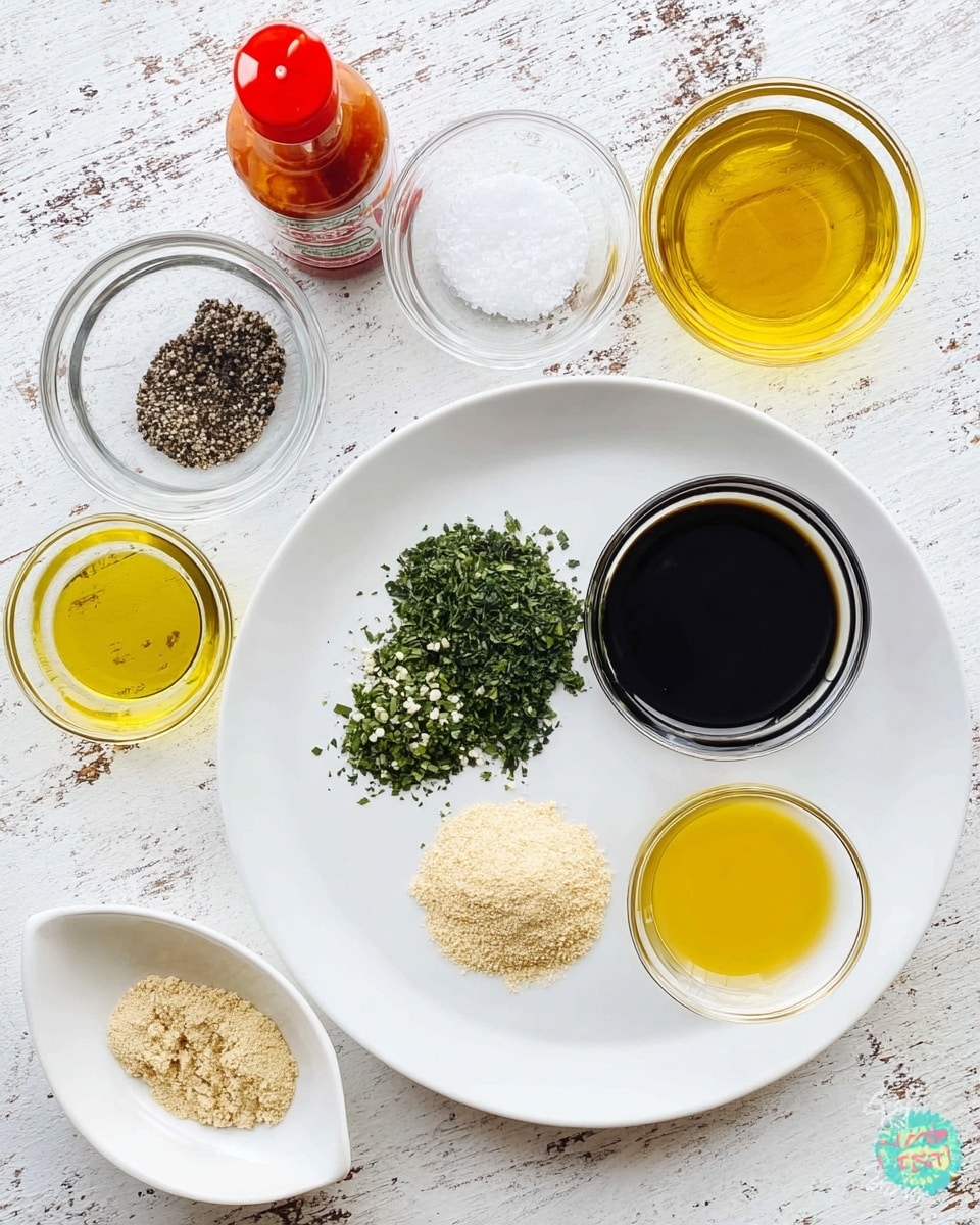 The image shows a white round plate in the center with three small piles of spices: finely chopped green herbs, light beige garlic powder, and a slightly darker beige powder. Around the plate, on a white marbled textured surface, there are several clear glass bowls filled with different liquids: yellow oil, a dark soy-like sauce, and a light yellow liquid. There is also a white oval dish containing white salt and black pepper. A small bottle of hot sauce with a red cap is near the top edge of the image. The entire setup is bright and clean, capturing each item clearly. Photo taken with an iphone --ar 4:5 --v 7