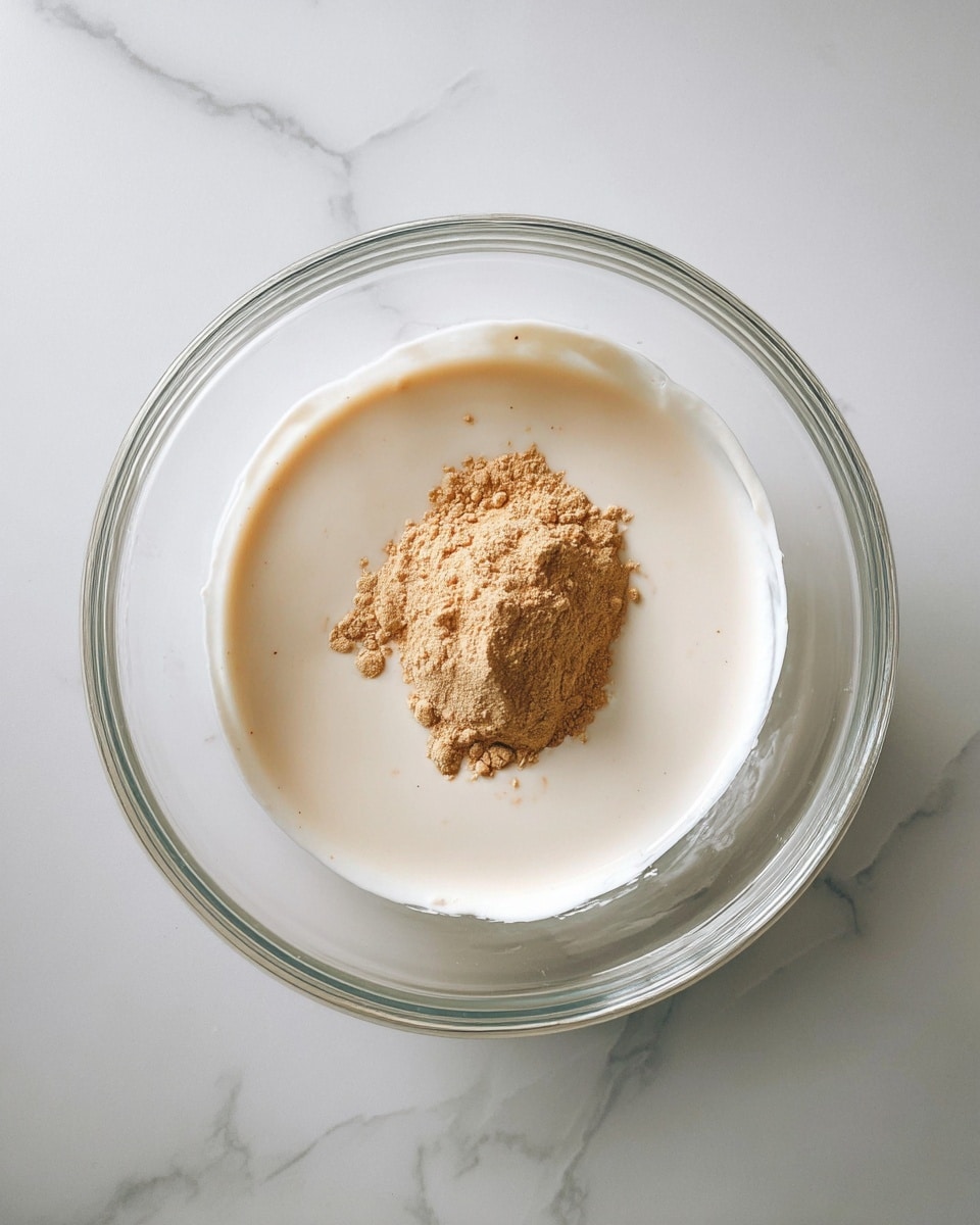 A clear glass bowl holds two layers; the bottom layer is smooth and creamy white liquid, while on top there is a smaller mound of light brown powder with a slightly grainy texture placed near the center. The bowl is resting on a white marbled surface. photo taken with an iphone --ar 4:5 --v 7