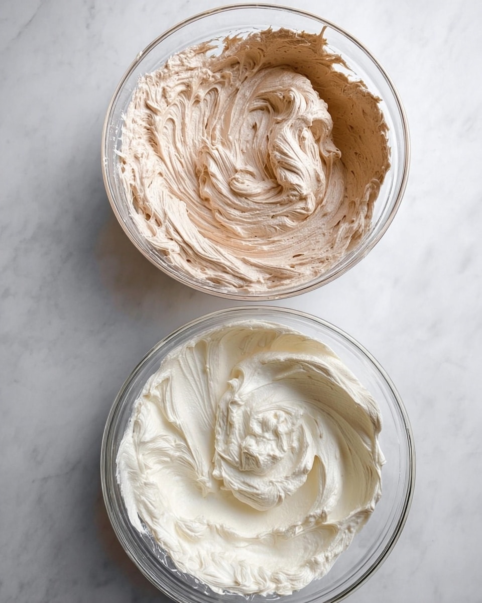 Two clear glass bowls sit on a white marbled surface; the top bowl holds a thick, light brown whipped mixture with visible streaks and swirls showing its fluffy texture, while the bottom bowl contains a creamy, smooth off-white whipped mixture spreading softly along the sides. The layers of whipped mixtures are evenly textured and appear soft and airy. photo taken with an iphone --ar 4:5 --v 7