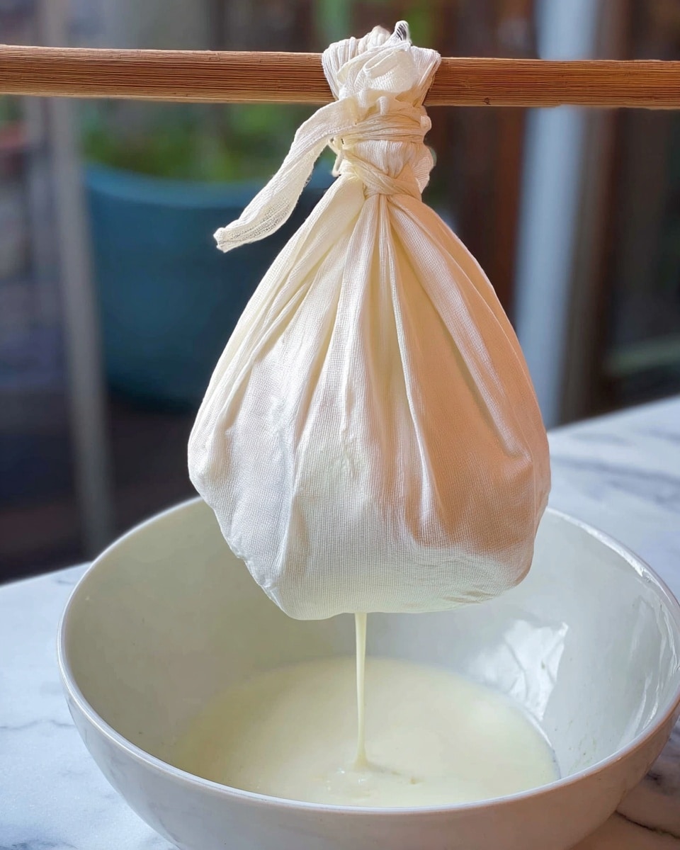 A white cloth bag filled with a creamy white liquid is tied at the top with a white string and hung over a brown wooden stick. The cloth bag looks soft, slightly translucent, and is dripping a smooth white liquid into a large white bowl below. The bowl is placed on a white marbled surface. The background shows a faint blurred plant pot and window area. photo taken with an iphone --ar 4:5 --v 7
