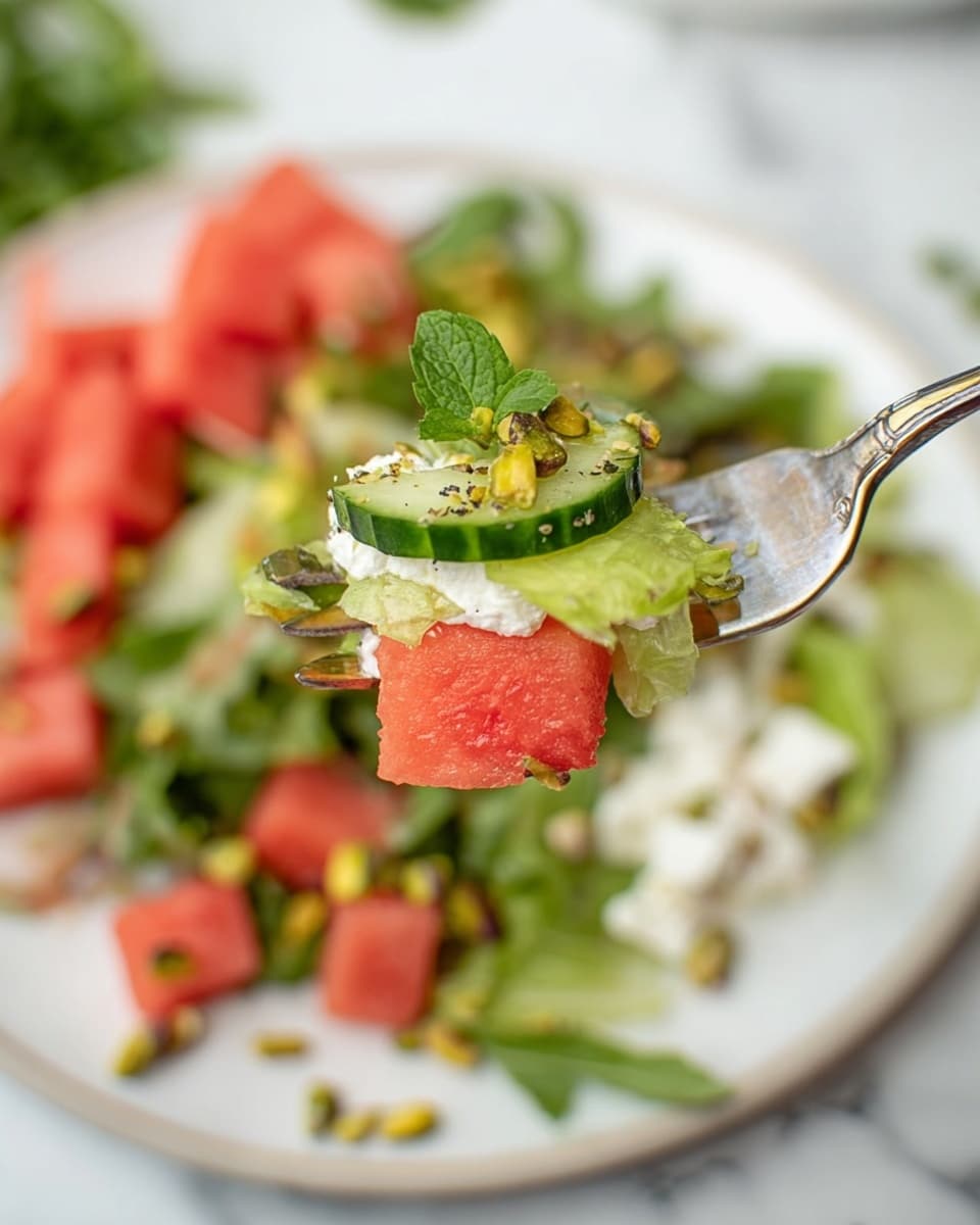 A close-up shows a fork holding a bite of salad with four layers: a light green leafy lettuce at the bottom, a bright red cube of watermelon, a pale crumbly white cheese, and a slice of cucumber with a small piece of fresh green mint leaf and chopped pistachio on top. The background has a white plate filled with more salad pieces, with red watermelon cubes, green cucumber slices, leafy greens, and scattered pistachios, all on a white marbled surface. The photo taken with an iphone --ar 4:5 --v 7