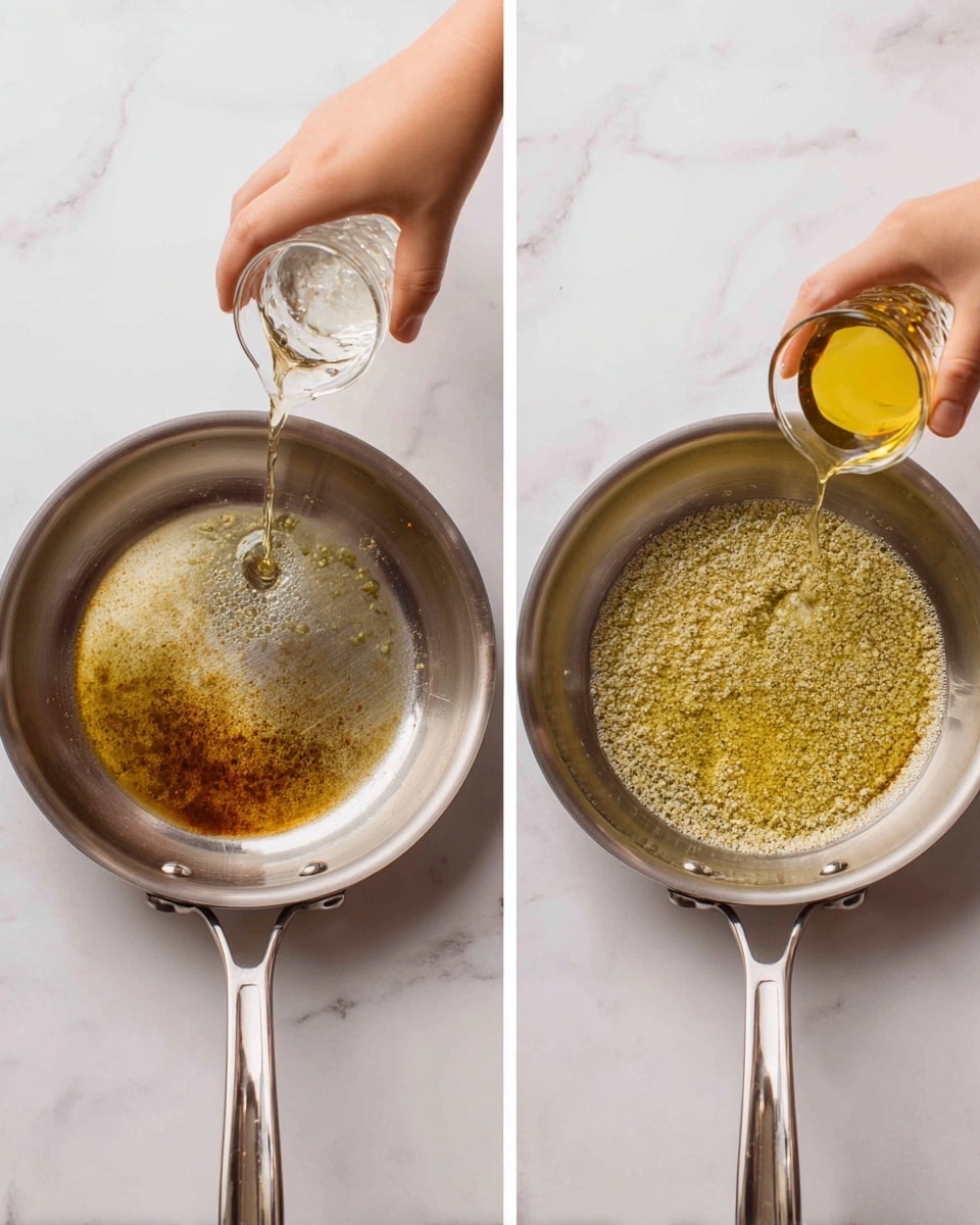 The image shows two side-by-side photos of a stainless steel pan on a white marbled surface. In the left photo, a woman's hand pours clear liquid into the pan that has a thin layer of oil and brown bits stuck to the bottom. In the right photo, the same woman's hand pours a pale yellow liquid into the pan which now contains a yellowish grainy layer mixed with a bubbling liquid covering most of the pan’s bottom. The pan handle extends to the right in both photos. Photo taken with an iphone --ar 4:5 --v 7