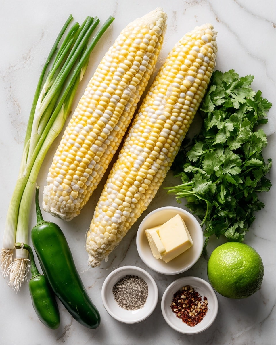 Four yellow and white ears of corn are lined up near the top on a white marbled surface. To the right of the corn, there is one whole green lime, and below the lime, a bunch of fresh green cilantro leaves. On the left side, three green onions are placed diagonally next to a single fresh green jalapeño pepper. Centered among the vegetables are four small white bowls: one with a square of pale yellow butter, one empty, one with coarse black pepper, and one with a dark red spice. The overall setting is clean and bright. Photo taken with an iphone --ar 4:5 --v 7