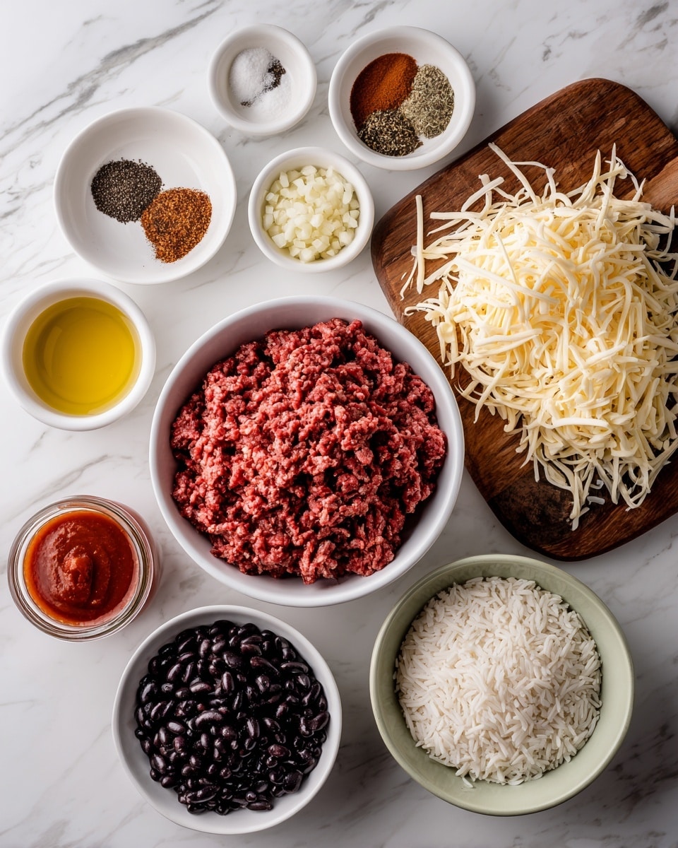 The image shows a collection of ingredients arranged on a white marbled surface. At the center is a white bowl filled with red ground beef that has a soft texture and thin strands. To the right is a wooden board piled high with a large heap of shredded pale yellow cheese. Above the cheese are two small white bowls, one containing dark brown and black spices including cumin, salt, oregano, smoked paprika, onion powder, pepper, and chili, and the other with a small amount of finely chopped pale yellow garlic. Below the garlic is a white bowl filled with glossy black beans. To the bottom left of the ground beef is a small white bowl with golden olive oil, next to a small white bowl of dark brown BBQ sauce, and in front of them is a glass jar of bright red mild salsa. Finally, near the bottom center of the image is a pale green bowl filled with white uncooked rice. Everything is neatly arranged with clear labels on each ingredient, photo taken with an iphone --ar 4:5 --v 7