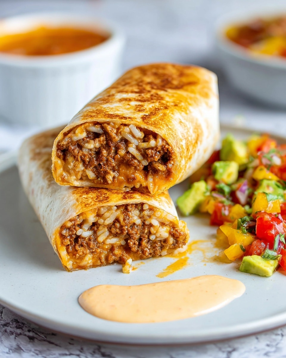 A white plate holds two halves of a burrito stacked on top of each other, showing a close-up of the inside layers with browned, cooked ground meat mixed with melted cheese and bits of rice in a soft, lightly toasted tortilla wrap that is golden brown on the outside. On the right side of the plate, there is a serving of colorful salsa made from diced red tomatoes, yellow peppers, and green avocado pieces. A light orange creamy sauce is pooled on the plate near the front of the burrito halves. In the blurred background, there is a white bowl of extra salsa and a white ramekin with more of the orange sauce, all set on a white marbled surface. Photo taken with an iphone --ar 4:5 --v 7