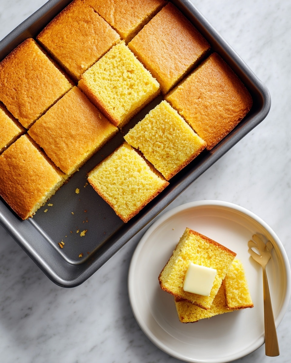 The first image shows a square dark gray baking pan filled with a smooth, pale yellow batter layer, evenly spread and ready to bake, placed on a white marbled surface. The second image presents the same pan with a golden brown cornbread cut into nine squares, one square slightly lifted to show a soft, yellow inside texture. Beside the pan, a white plate holds one square slice of cornbread topped with a light pat of melting butter on a white marbled surface. photo taken with an iphone --ar 4:5 --v 7