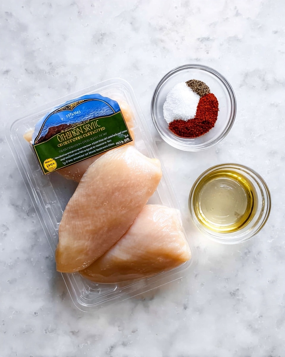 A clear green plastic package holds two large, pale beige pieces of organic boneless skinless chicken fillets, resting on a white marbled surface. Next to the chicken package, there are two small clear glass bowls; one contains white salt, reddish-brown paprika, and black pepper, while the other holds a clear liquid. All items are set against the white marbled texture background. photo taken with an iphone --ar 4:5 --v 7