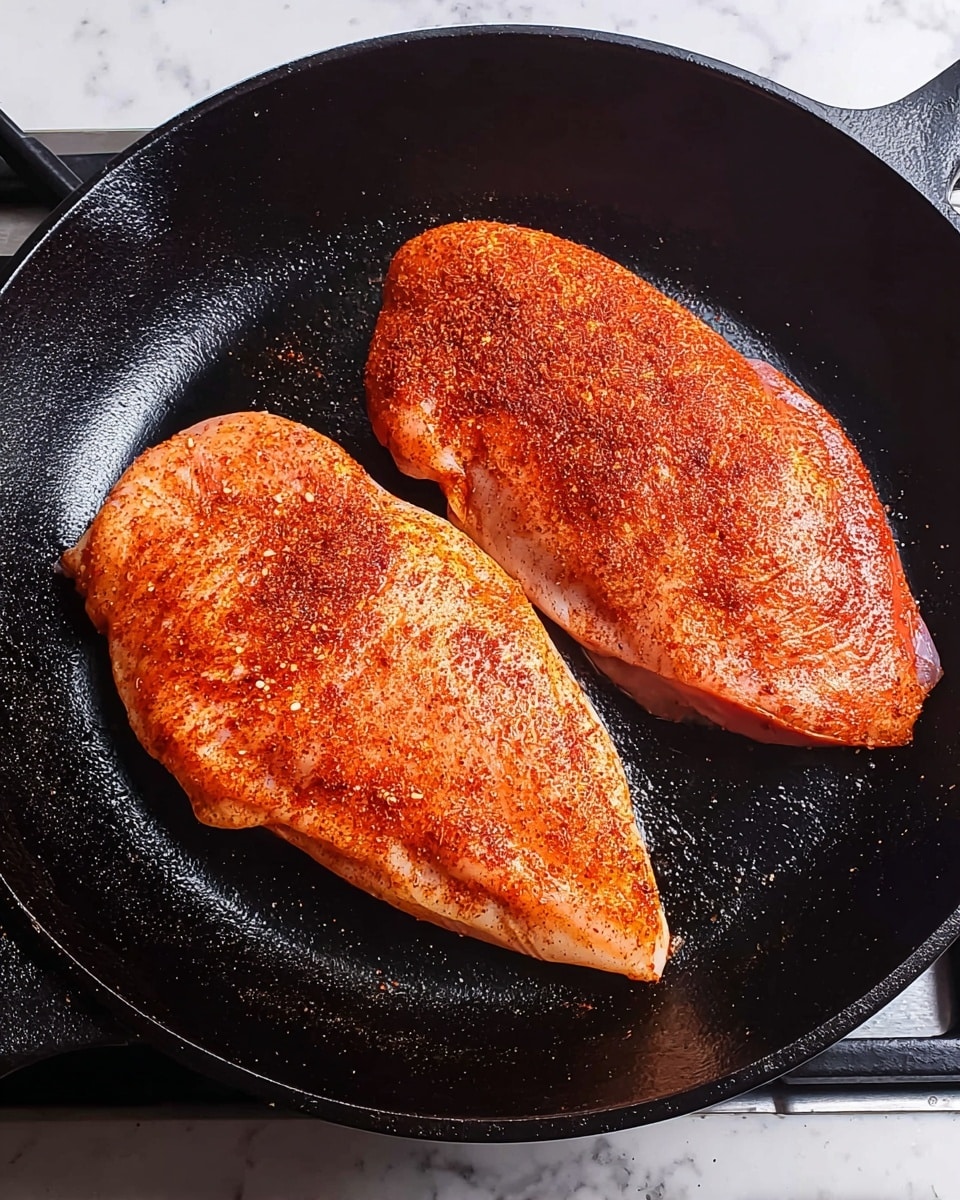 Two large raw chicken pieces lay side by side in a black cast iron pan. Each chicken piece is covered evenly with a reddish-orange spice rub, giving a speckled texture on their smooth, pale surface. The pan’s black interior contrasts with the bright spices and the light color of the chicken. The pan rests on a white marbled gas stove surface visible around the edges. Photo taken with an iphone --ar 4:5 --v 7