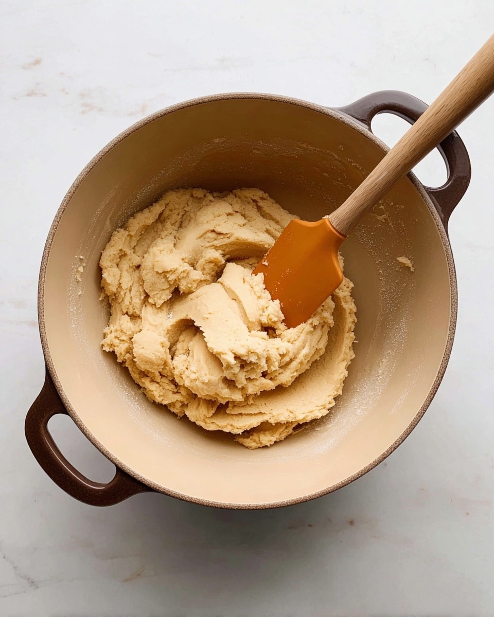 A light tan dough with a smooth and slightly crumbly texture sits in a beige cooking pot with dark brown handles, loosely gathered in the center. An orange spatula with a wooden handle rests inside the pot, partly buried in the dough and lifting a portion slightly. The pot is placed on a white marbled surface, providing a clean and simple background. photo taken with an iphone --ar 4:5 --v 7