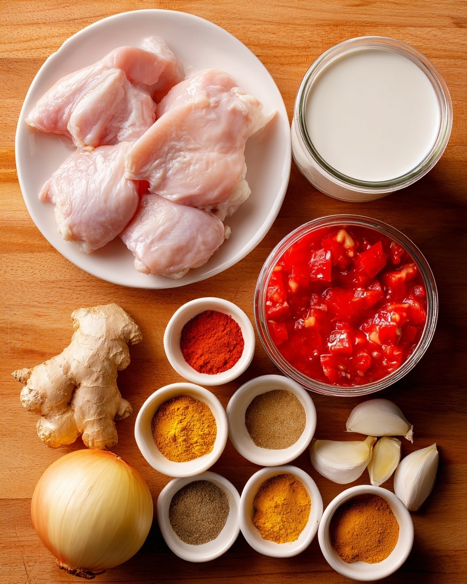 Raw chicken pieces lie on a white plate at the top left, showing a light pink color and smooth texture. Next to it is an open can filled with bright red diced tomatoes with seeds and juices visible. To the right is a white container holding thick, creamy white coconut milk. Below these, a piece of fresh ginger with a knobby beige surface is placed beside a white whole onion with smooth light yellow skin. Small white dishes hold vibrant yellow curry powder, bright orange turmeric powder, light brown cumin powder, and a darker brown garam masala powder. Two peeled garlic cloves with soft cream color rest in another small white bowl. All items are laid out on a warm wooden surface. Photo taken with an iphone --ar 4:5 --v 7