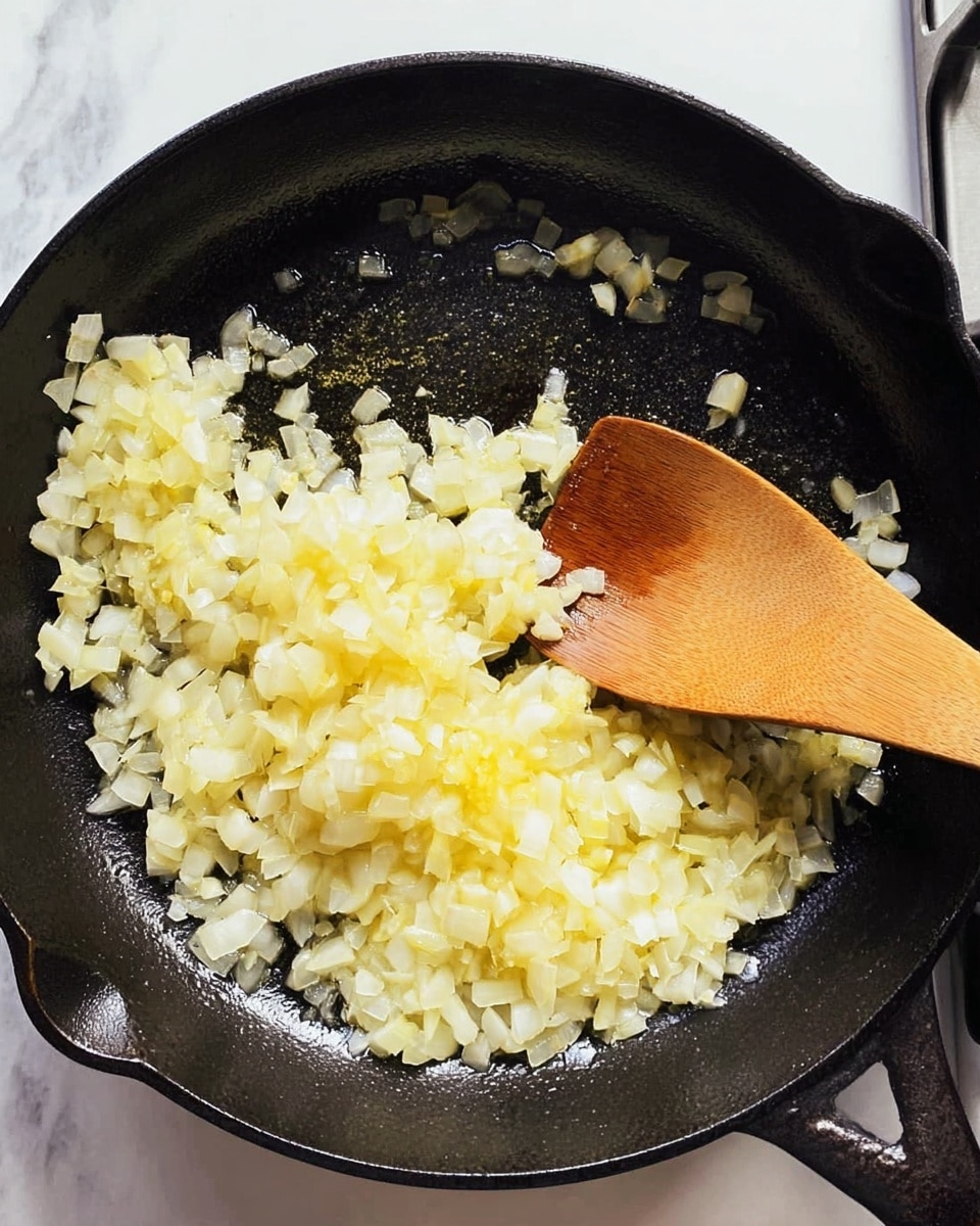 A black cast iron pan with light yellow chopped onions cooking in oil, spread across the pan with some piled near the center; a wooden spoon is stirring the onions from the right side, showing the texture of the softened onions and the smooth surface of the spoon, all placed on a stovetop with a white marbled texture beneath. photo taken with an iphone --ar 4:5 --v 7