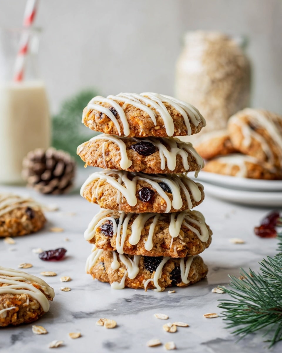 A stack of five round oatmeal cookies with visible oats and dark dried fruit pieces is arranged vertically on a white marbled surface. Each cookie is drizzled with light cream-colored icing in wavy lines, creating a textured top layer. Around the stack, scattered oats and dried fruits add to the visual interest. In the softly lit background, there is a clear glass jar filled with oats, a white plate holding more cookies, and a glass bottle with milk and a striped straw. Some green pine leaves and a pinecone are also visible on the white marbled surface, enhancing a cozy, wintery feel. Photo taken with an iphone --ar 4:5 --v 7
