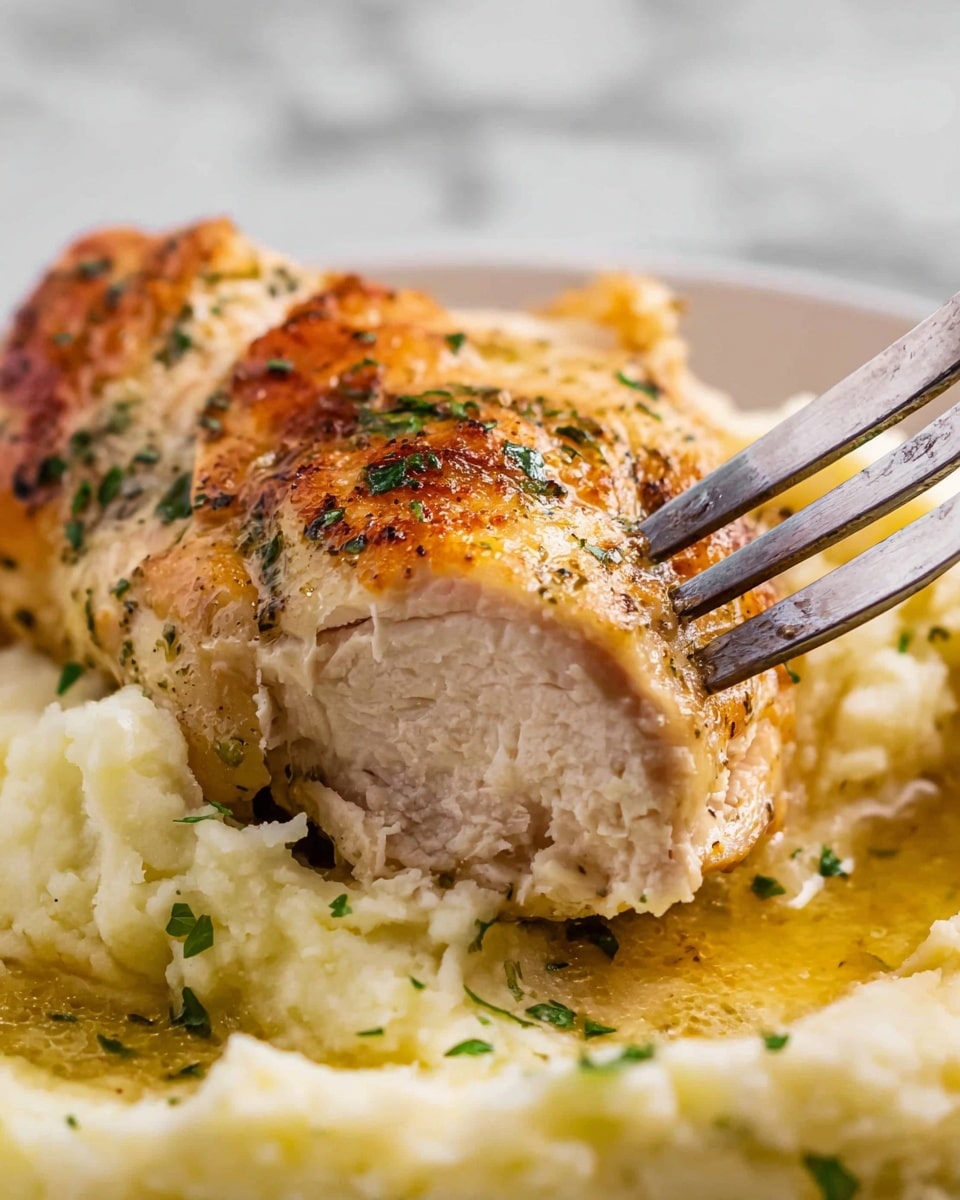 A close-up image shows a thick, tender piece of cooked chicken with golden brown skin sprinkled with green herbs, pierced by a silver fork lifting a slice to reveal the white, juicy inside. The chicken rests on a smooth, creamy mashed potato base with small bits of green herbs on top, all served on a white plate that sits on a white marbled surface. The colors are warm and natural, showing the texture of the chicken skin and the softness of the mashed potatoes photo taken with an iphone --ar 4:5 --v 7
