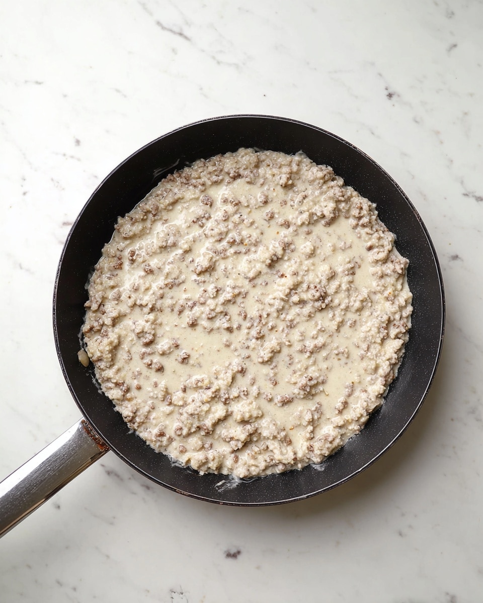 A black frying pan sits on a white marbled surface, filled with a single thick layer of creamy cooked ground meat sauce. The sauce is light beige with small bits of browned meat scattered evenly throughout, giving a slightly chunky texture. There is a subtle oily shine on top, making the surface glisten softly. The pan handle extends to the left side of the image. Photo taken with an iphone --ar 4:5 --v 7
